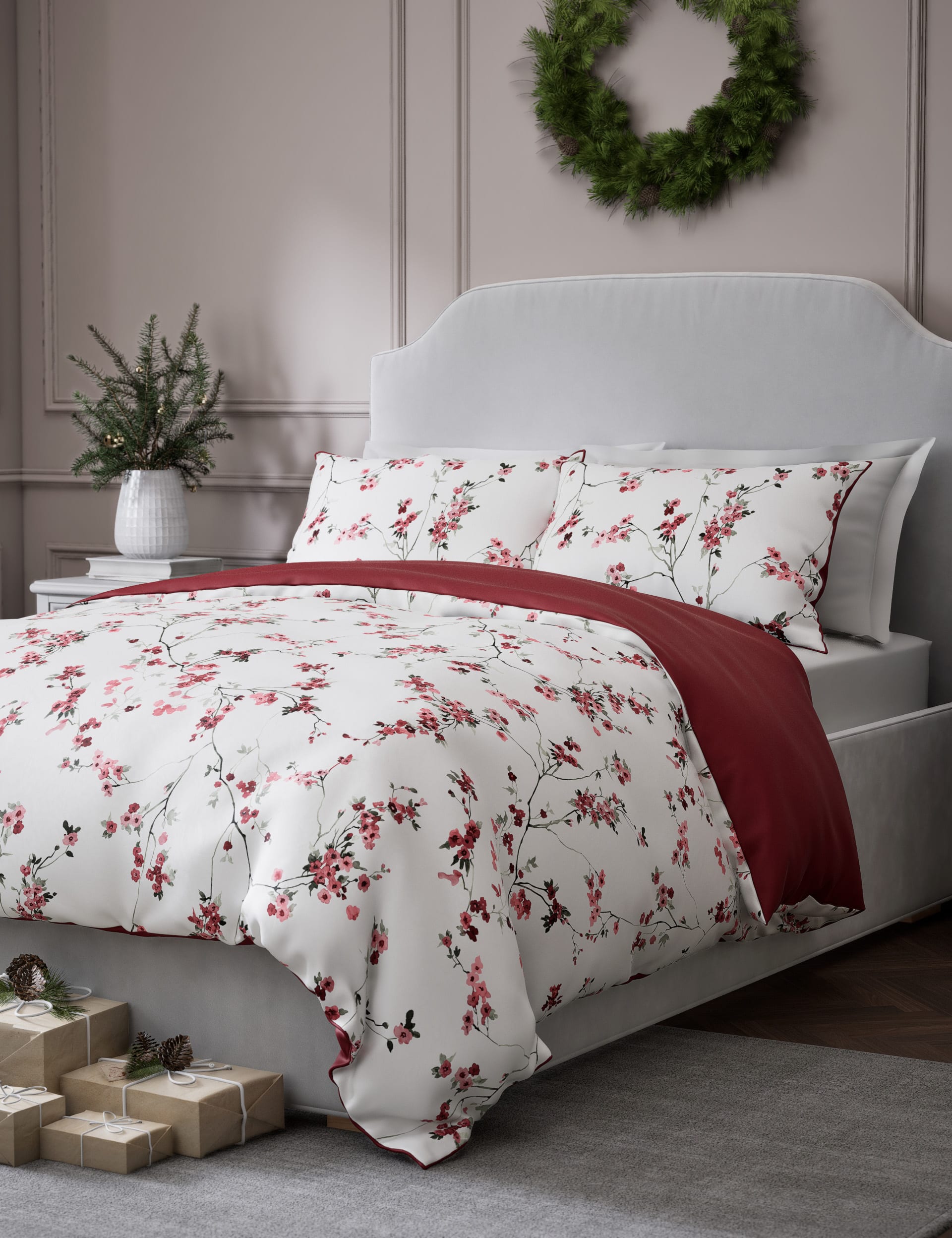 M&S Collection Pure Cotton Sateen Trailing Cherry Blossom Bedding Set - 6FT - Cranberry, Grey Mix,Cr