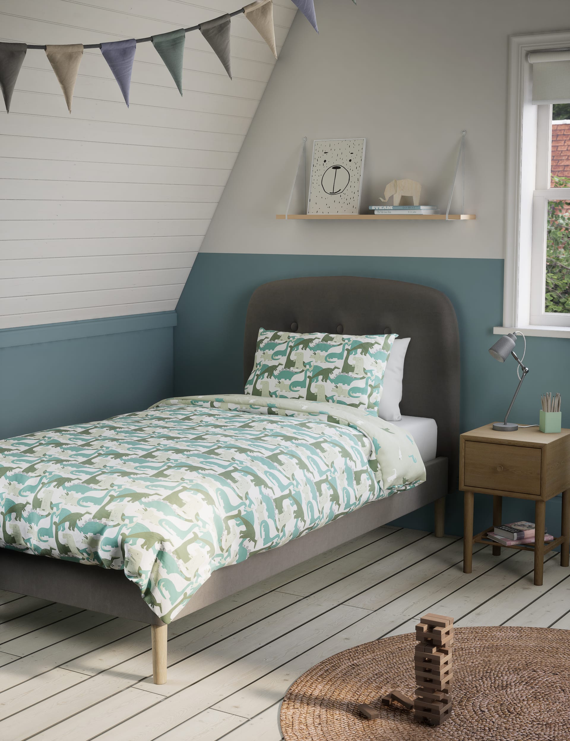 M&S Collection Dinosaur Cotton Blend Bedding Set - SGL - Blue/Green, Blue/Green