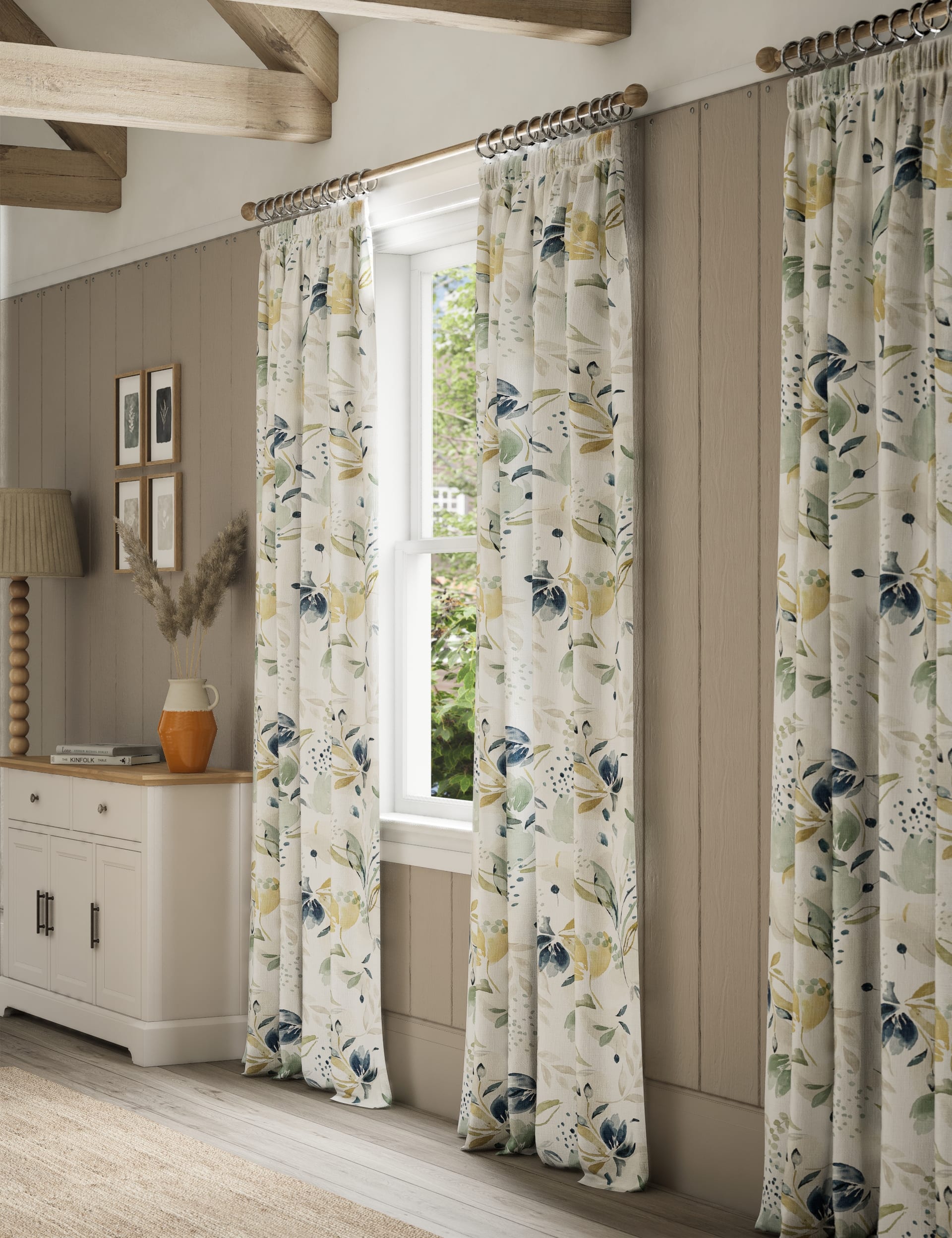 M&S Collection Watercolour Floral Pencil Pleat Curtains - WDR54 - Multi, Multi