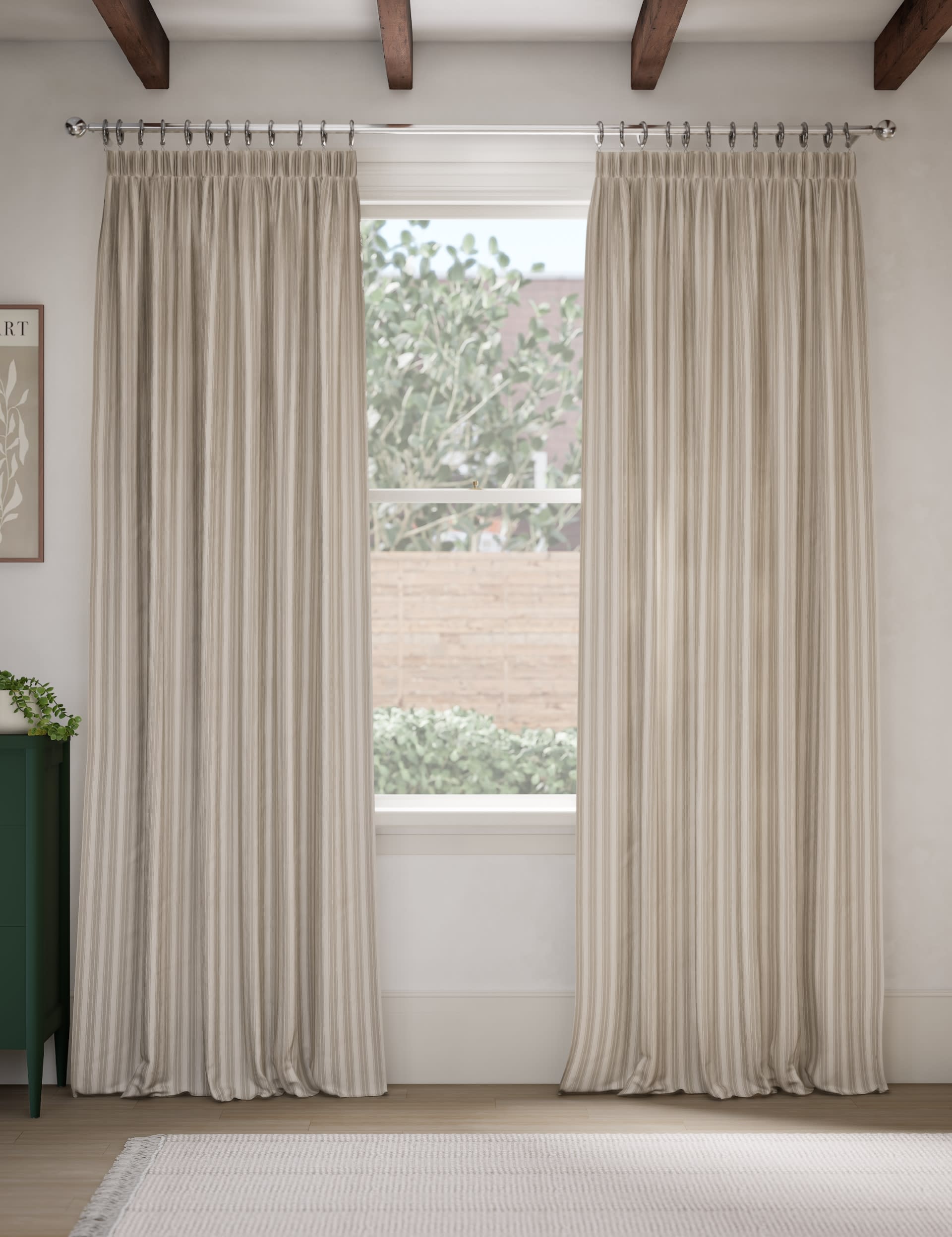 M&S Collection Cotton Rich Striped Pencil Pleat Curtains - EW90 - Neutral, Neutral