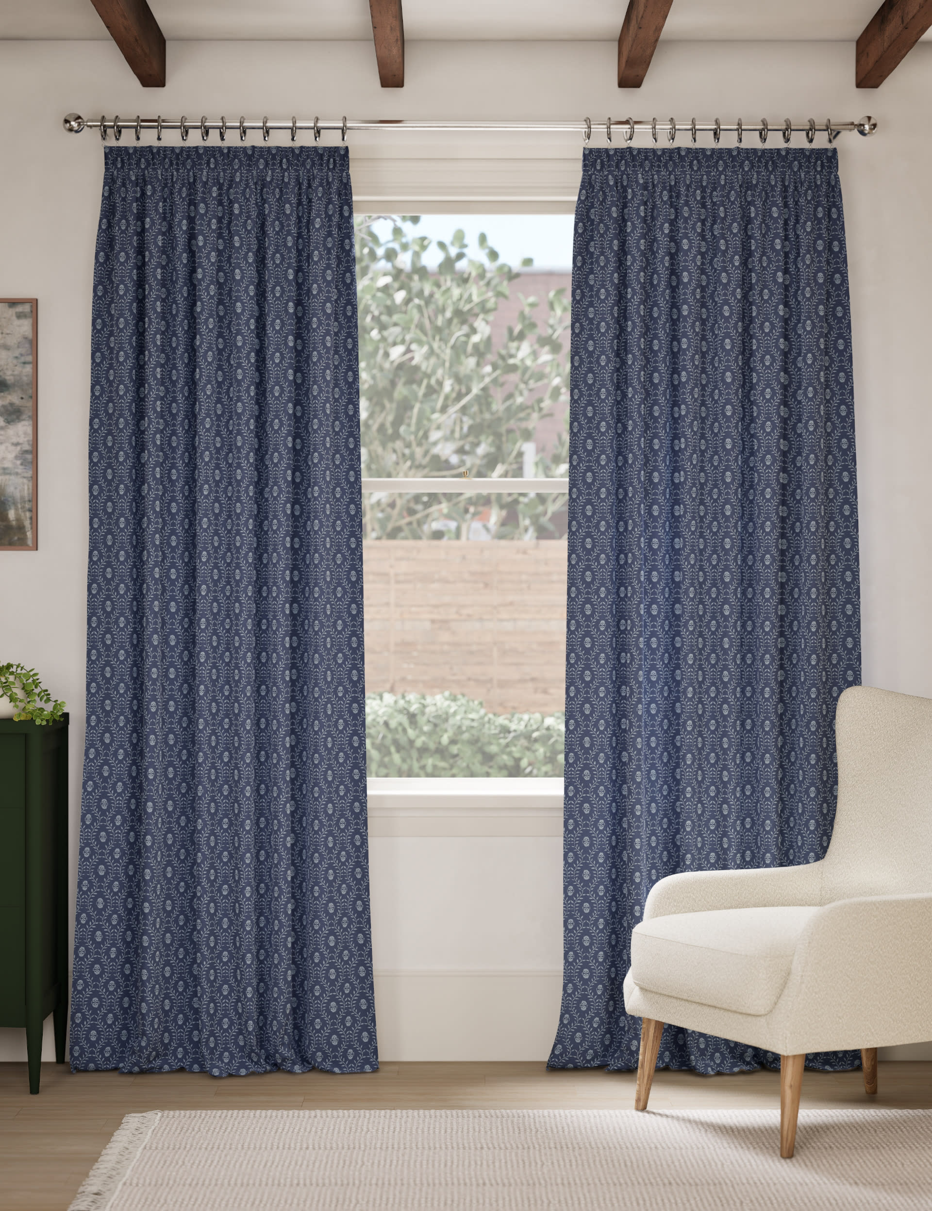 M&S Collection Pure Cotton Leaf Pencil Pleat Curtains - WDR72 - Blue Mix, Blue Mix,Natural Mix