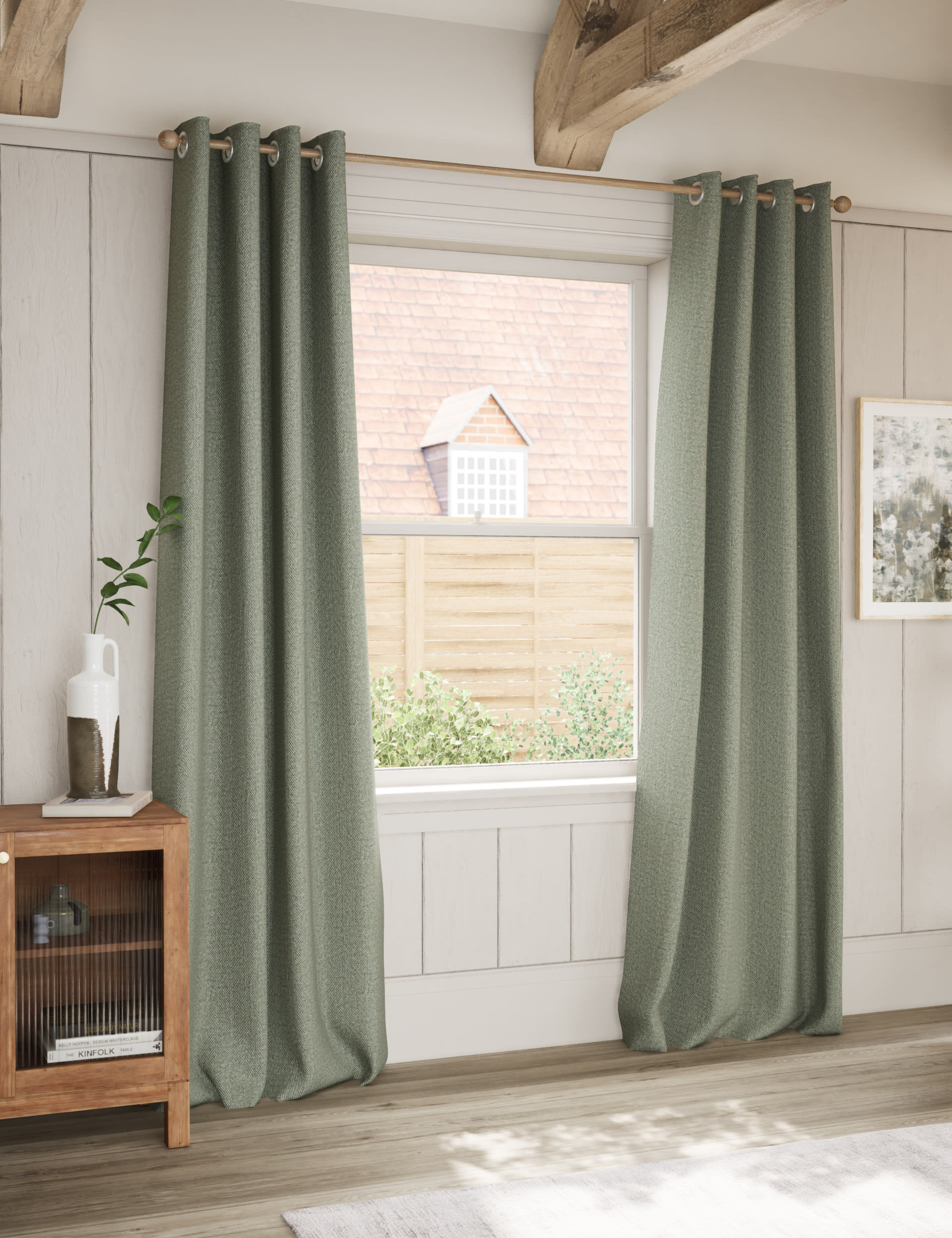 M&S Collection Herringbone Eyelet Curtains - WDR54 - Green, Natural,Green