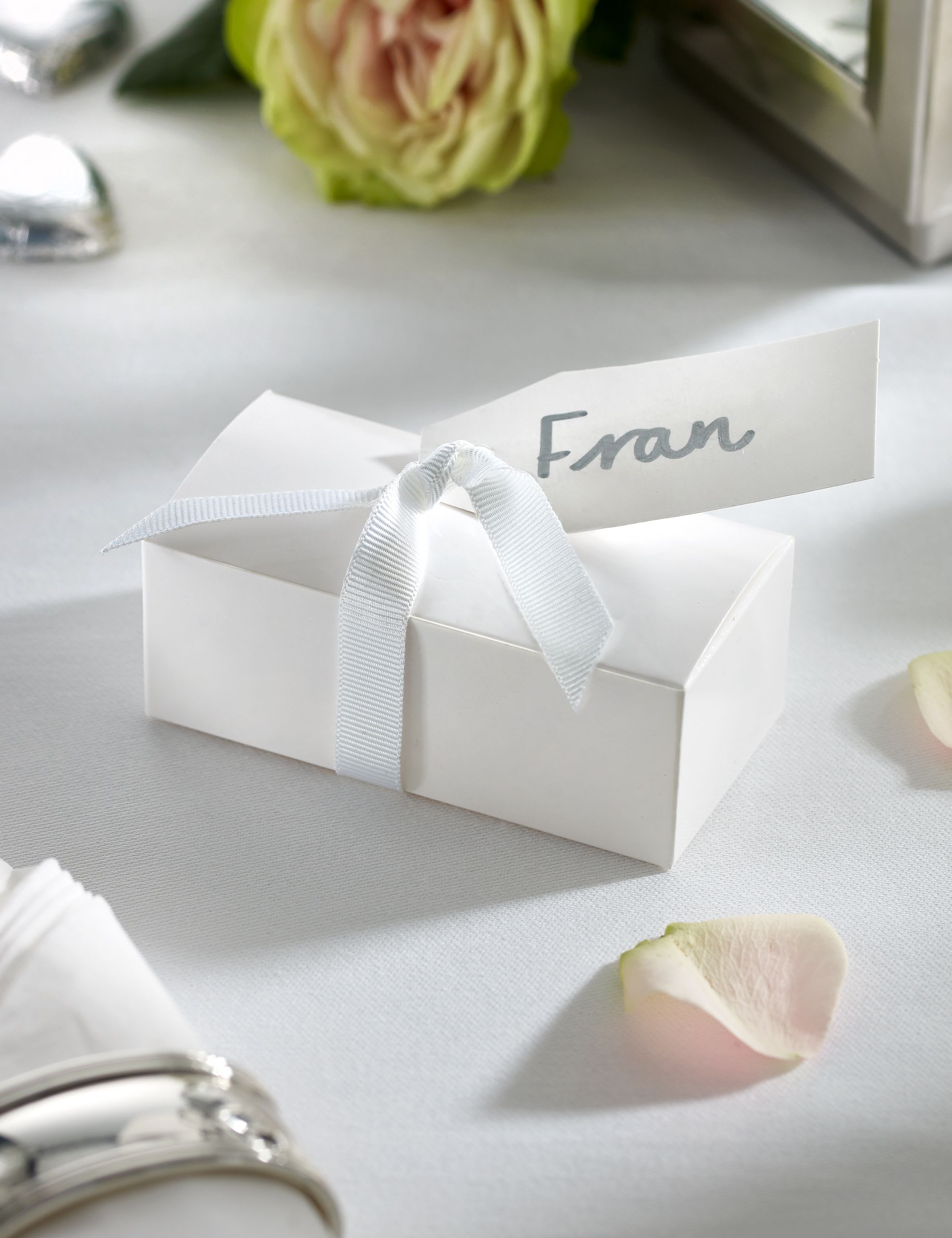 M&S Silver Milk Chocolate Heart Wedding Favours in a White Box with White Ribbon - Pack of 25