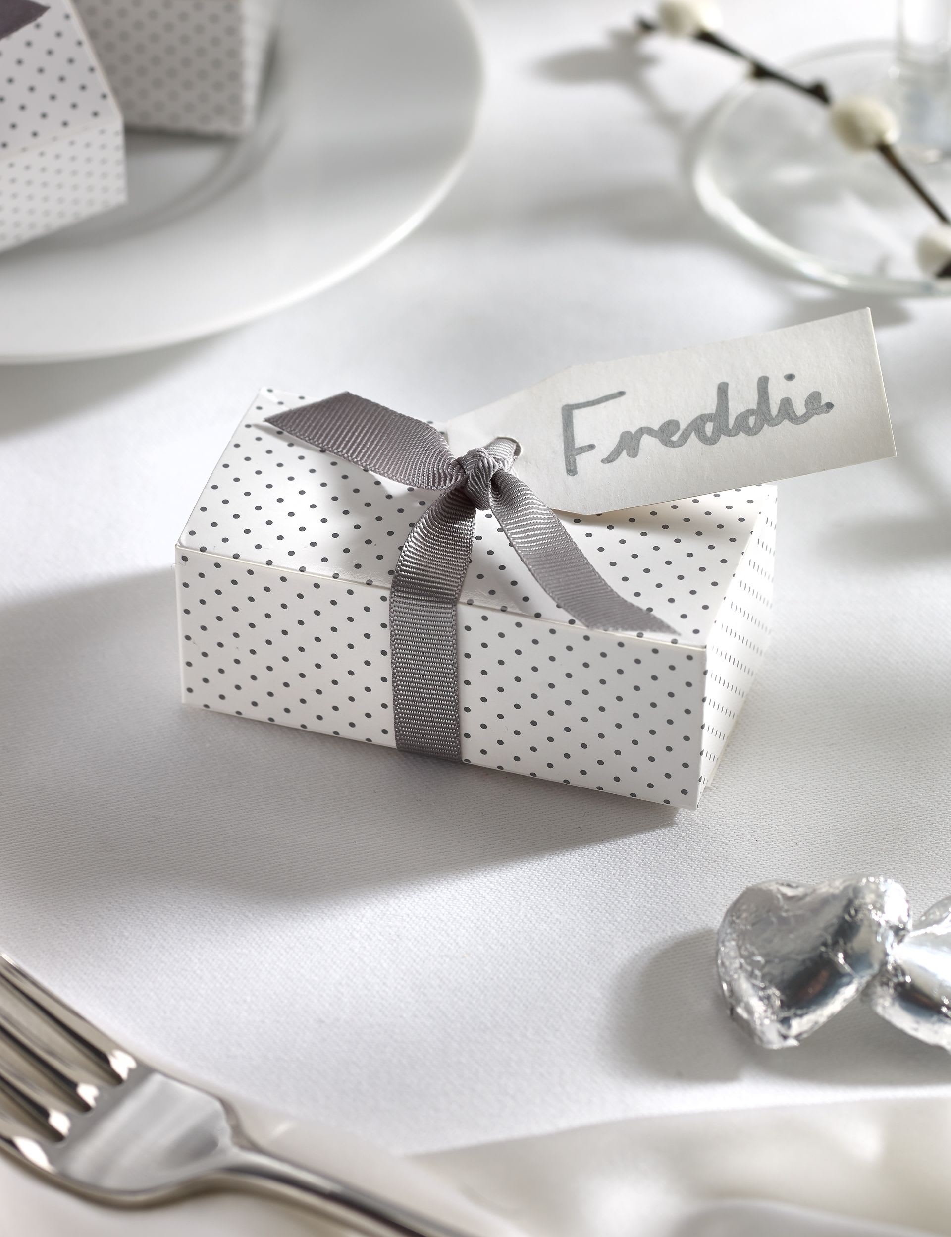 M&S Silver Milk Chocolate Heart Wedding Favours in a Dotty Box with Silver Ribbon - Pack of 25