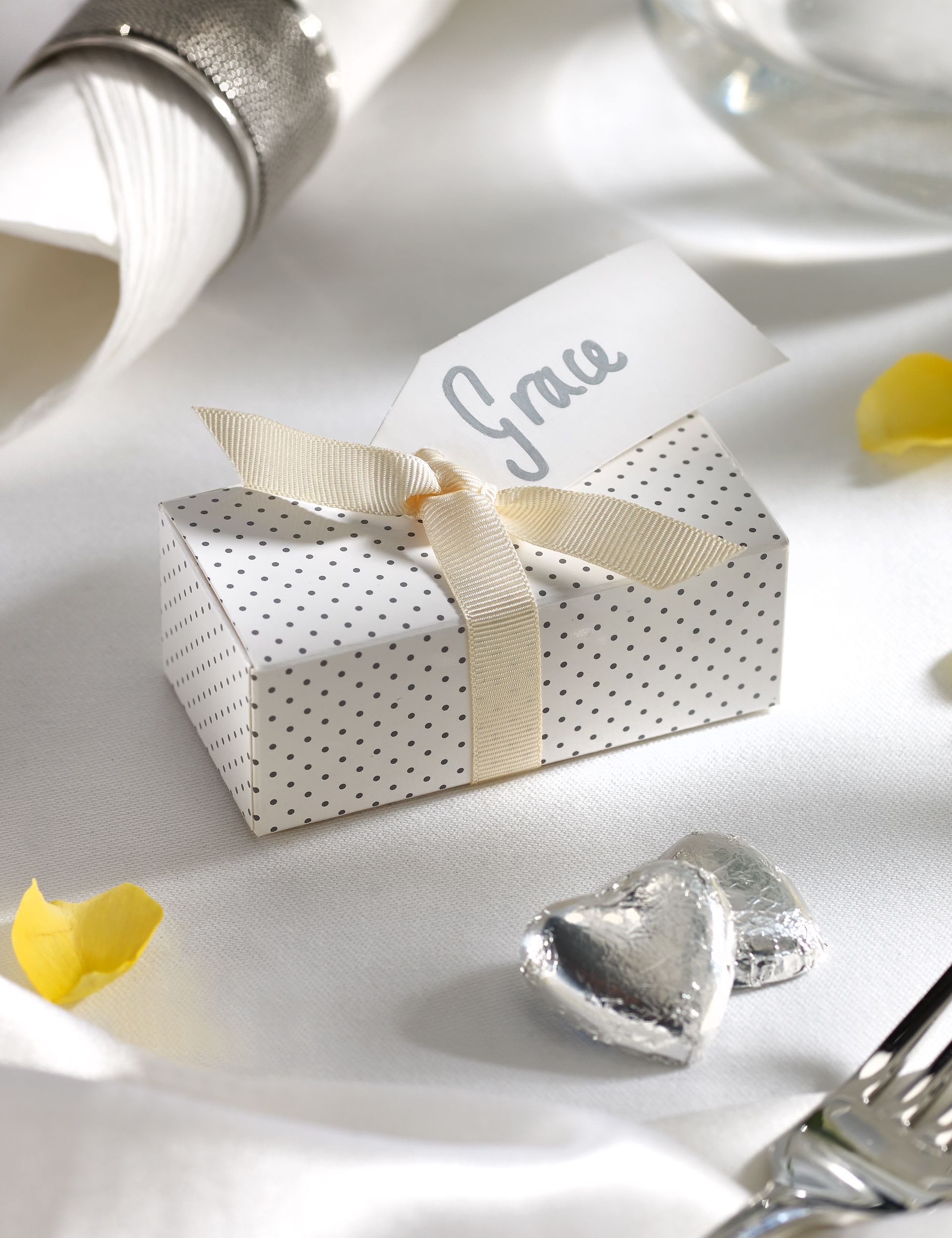 M&S Silver Milk Chocolate Heart Wedding Favours in a Dotty Box with Cream Ribbon - Pack of 25