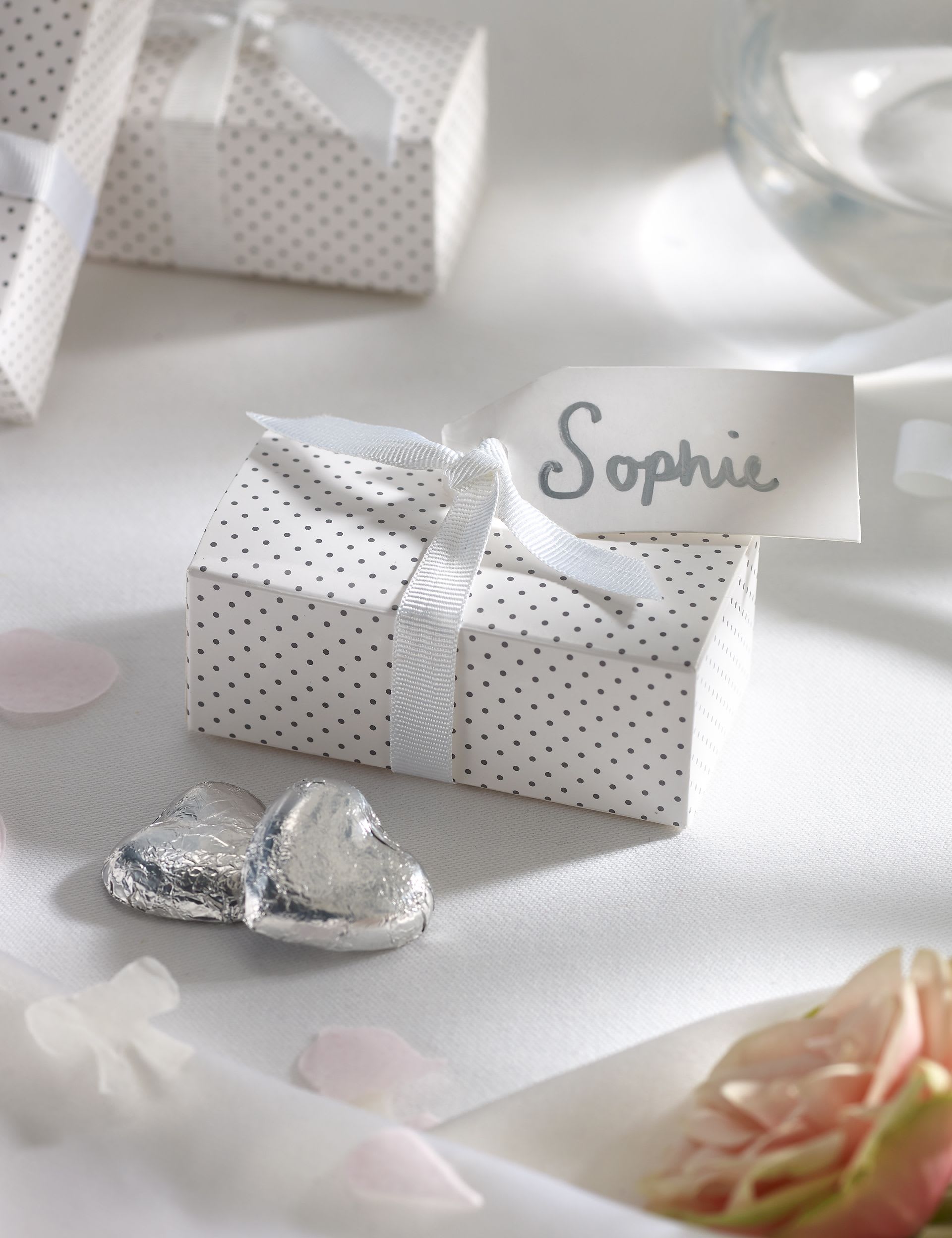 M&S Silver Milk Chocolate Heart Wedding Favours in a Dotty Box with White Ribbons - Pack of 25