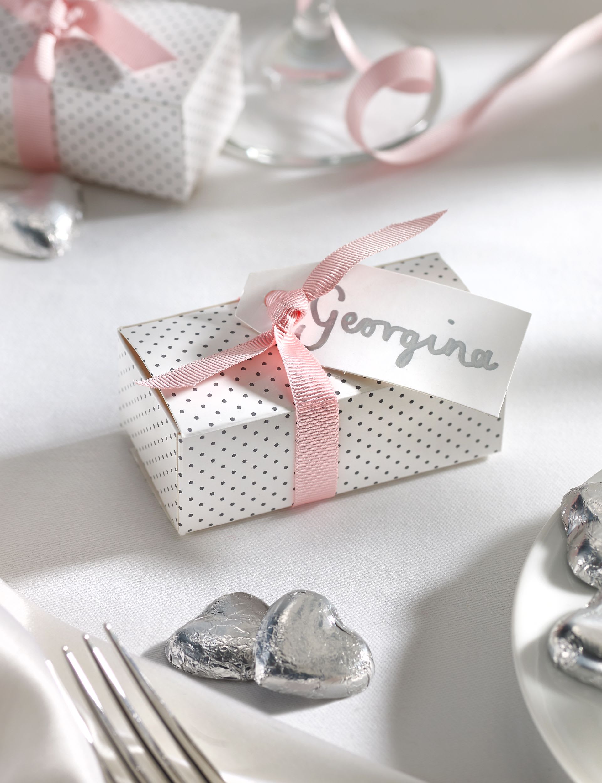 M&S Silver Milk Chocolate Heart Wedding Favours in a Dotty Box with Pink Ribbon - Pack of 25