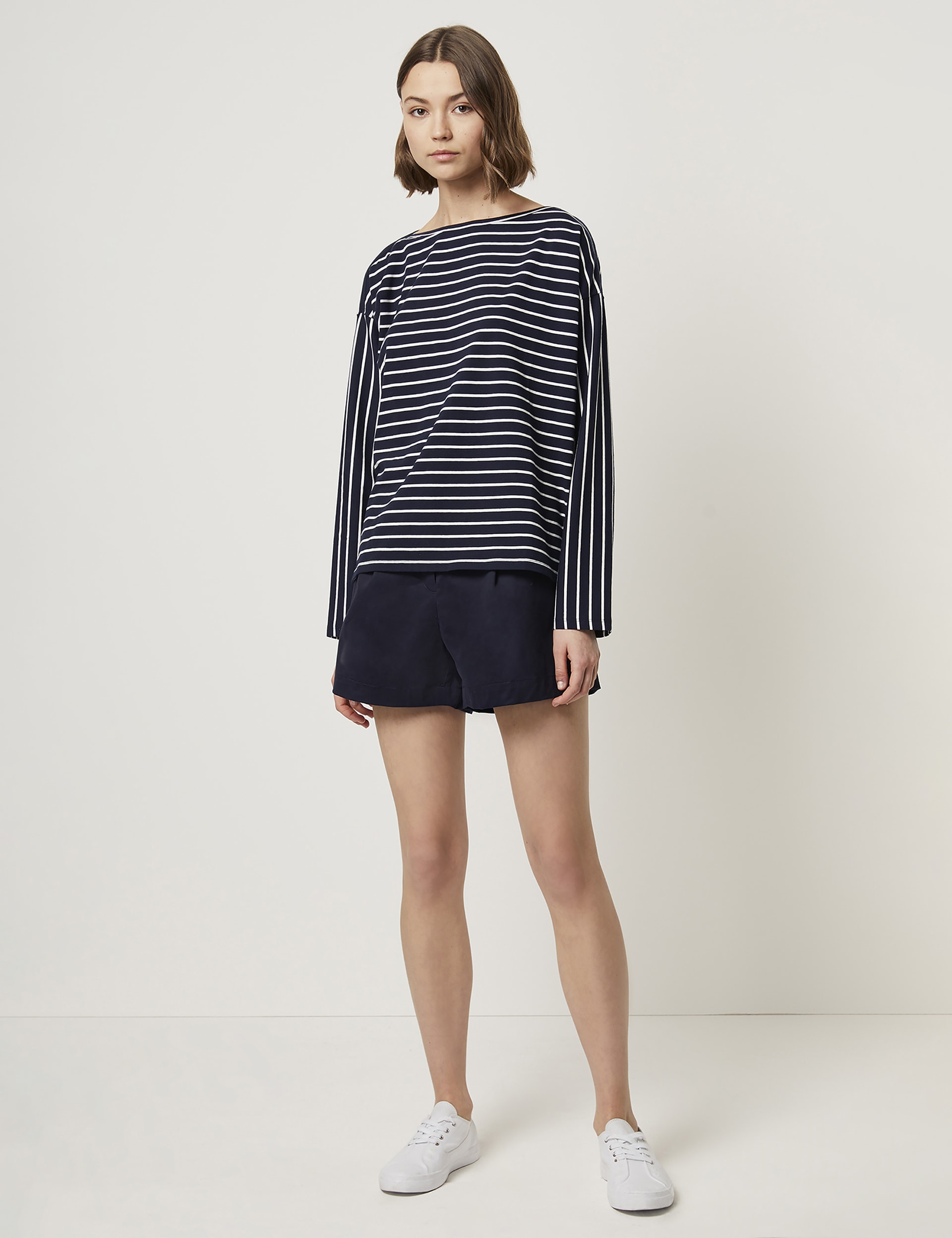 French Connection Women's Cotton Rich Striped Slash Neck Relaxed Top - XS - Dark Navy Mix, Dark Navy