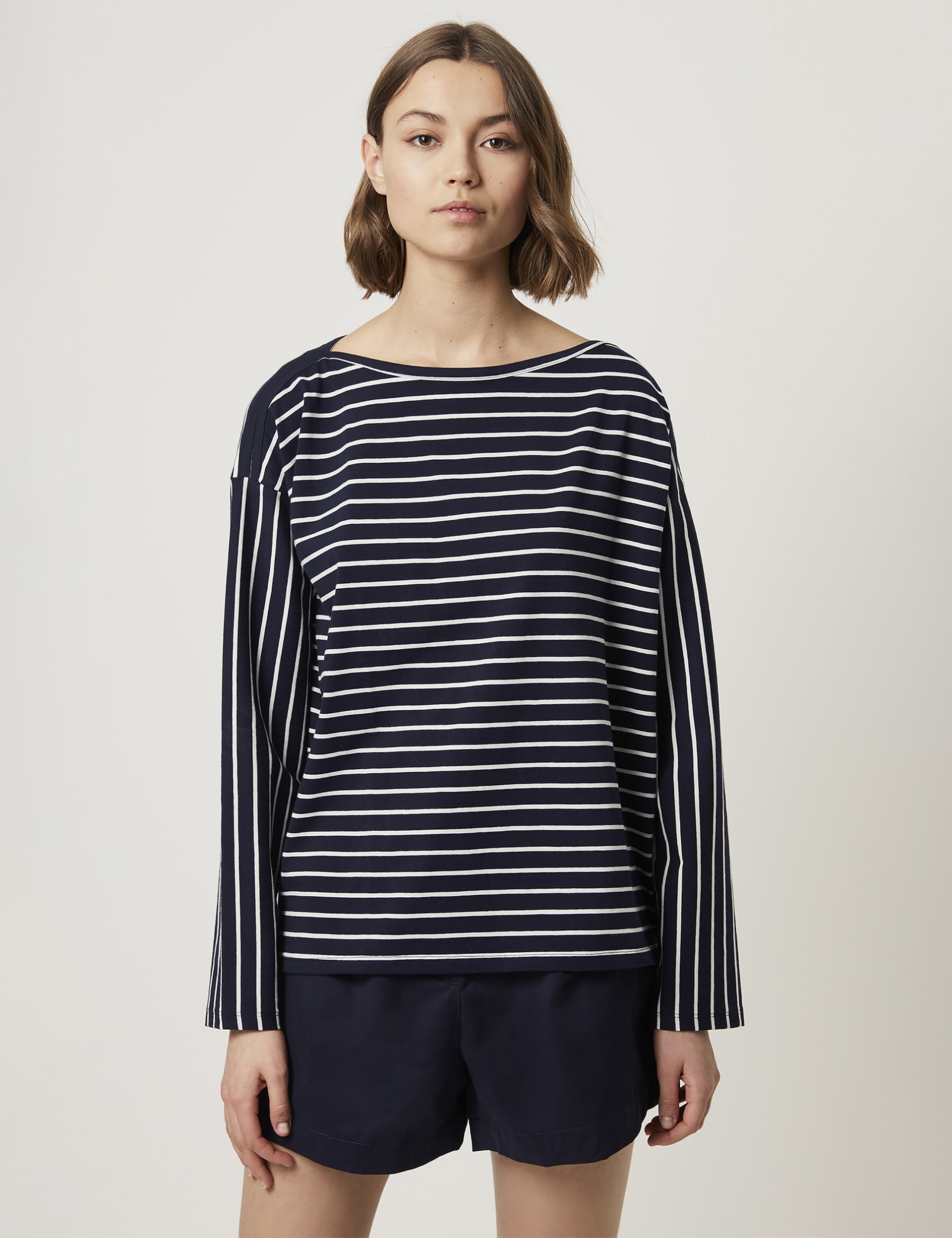 French Connection Women's Cotton Rich Striped Slash Neck Relaxed Top - XS - Dark Navy Mix, Dark Navy