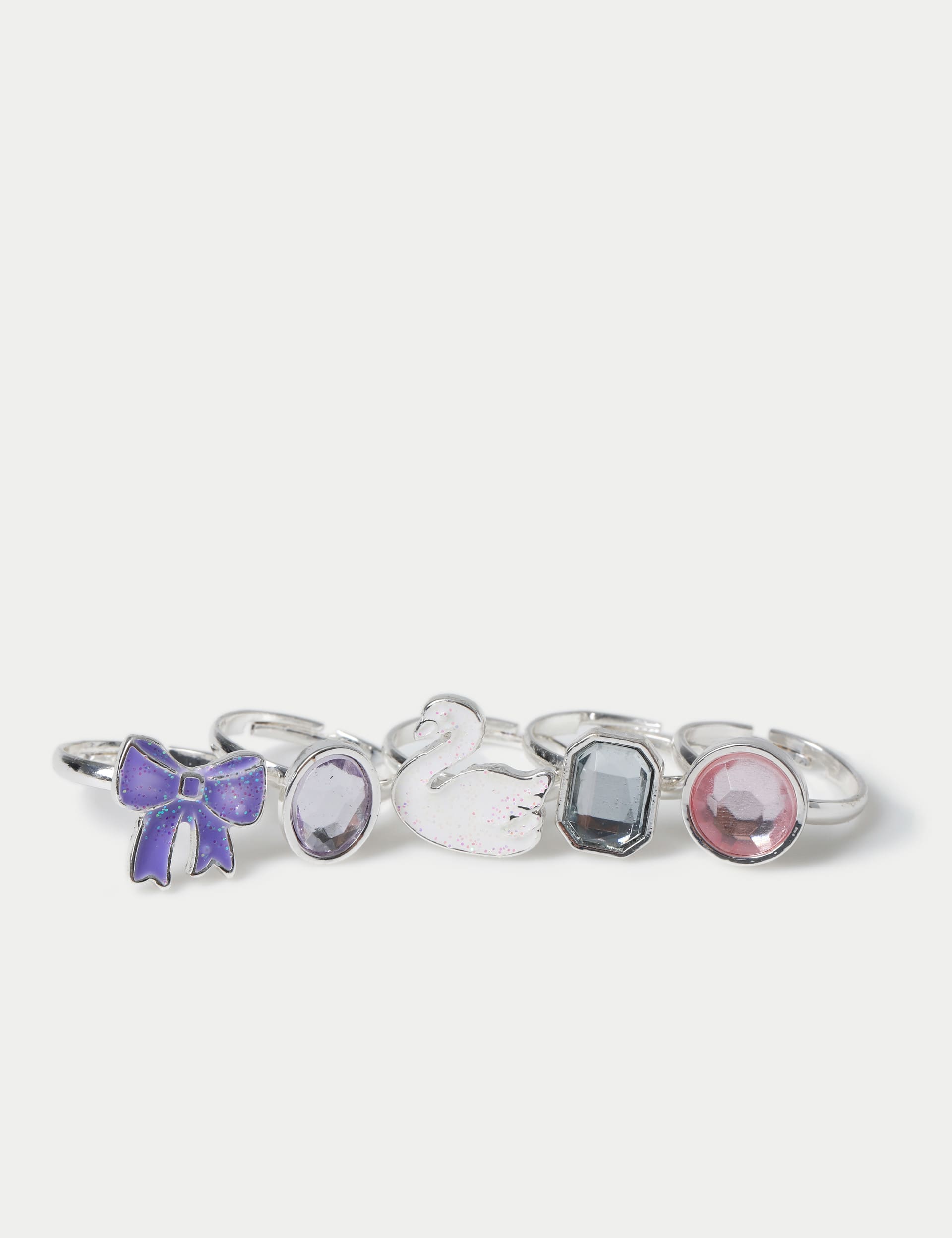 M&S Collection Girls 5 Pack Swan and Bow Rings - Silver, Silver