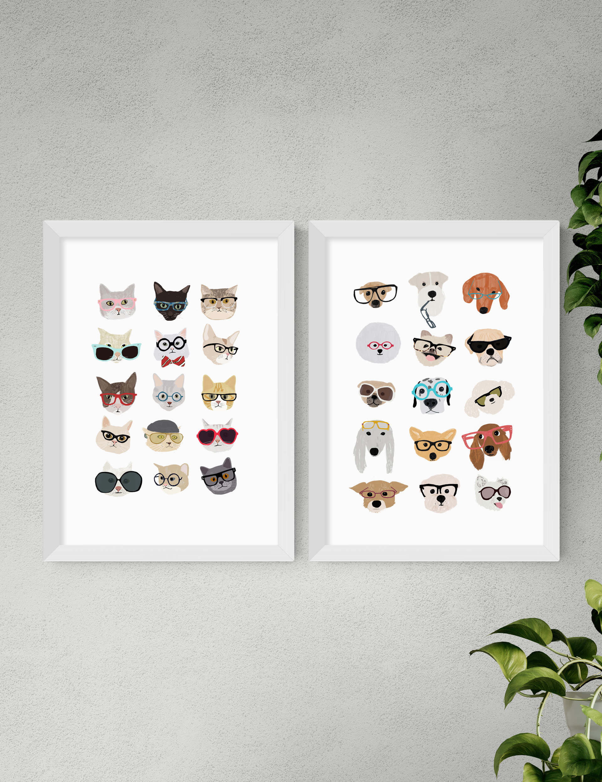 East End Prints Cats & Dogs In Glasses Twin Set Framed Art - A2 - White, White,Black,Natural