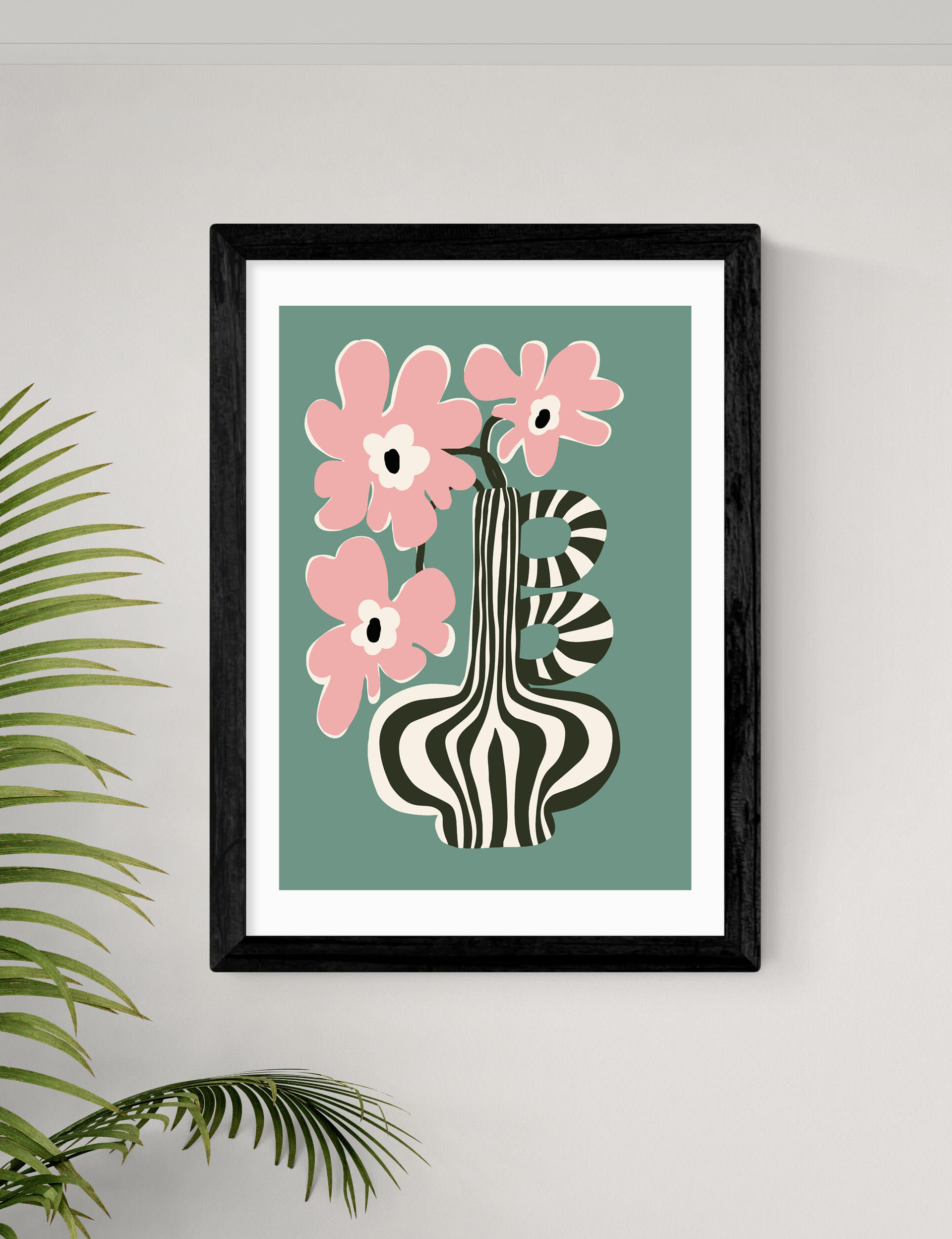 East End Prints Floral Stripe Framed Art - A1 - Black, Black,Natural,White