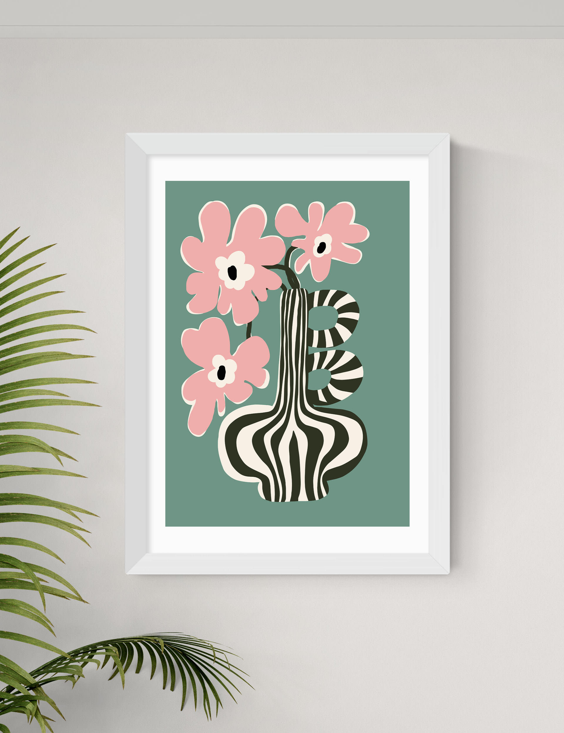 East End Prints Floral Stripe Framed Art - A2 - White, White,Black,Natural