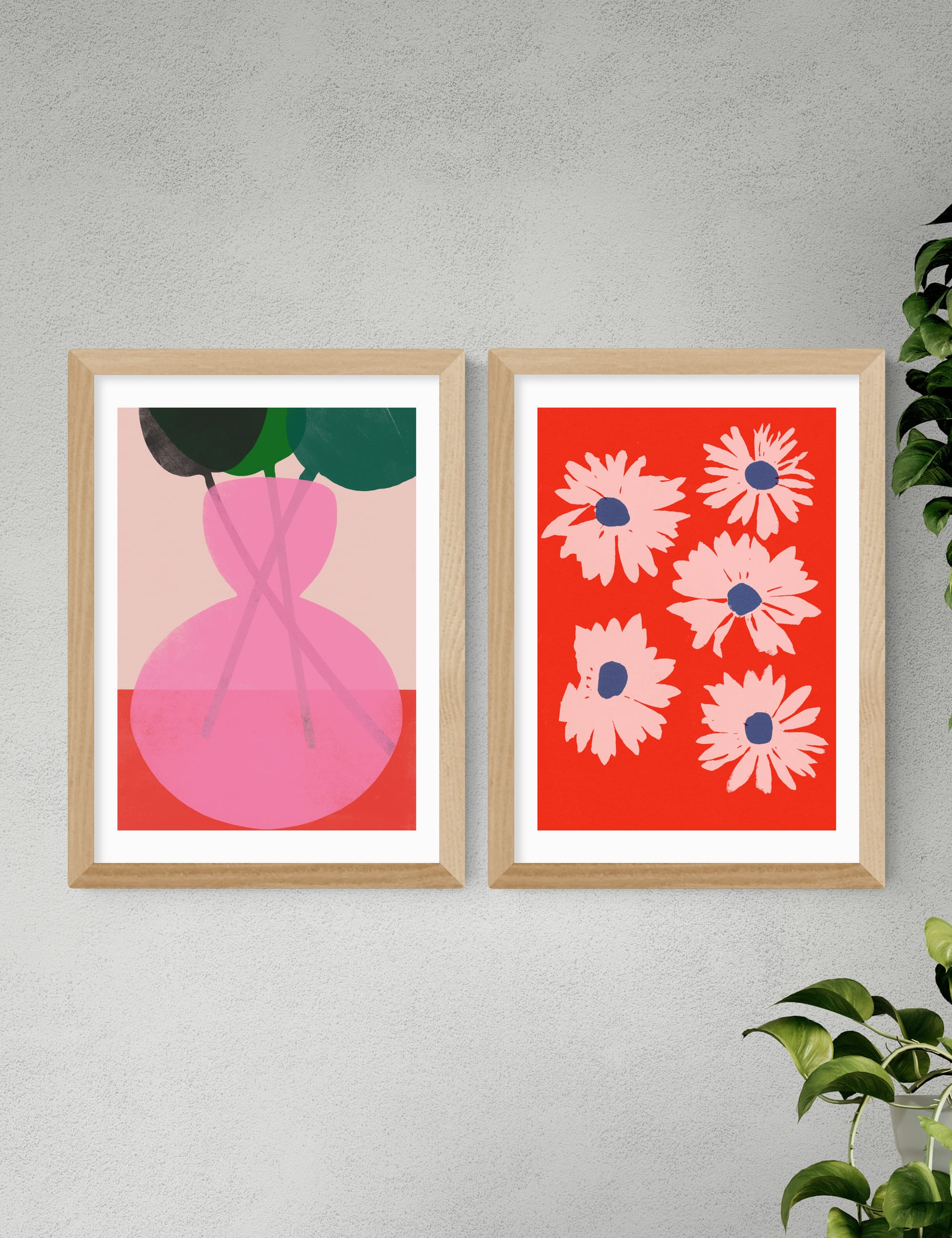 East End Prints Red & Pink Floral Twin Set Framed Art - A2 - Natural, Natural,White,Black