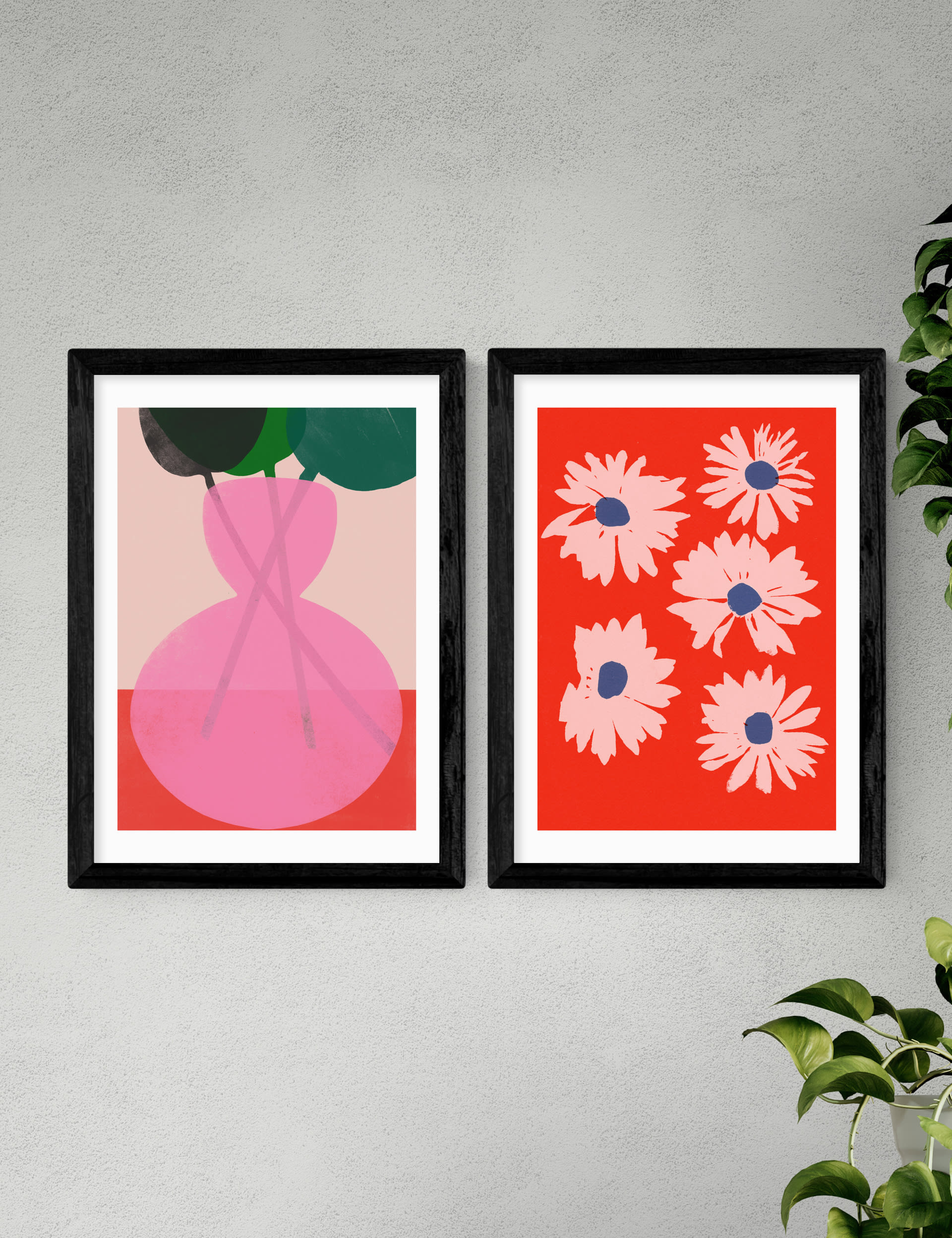 East End Prints Red & Pink Floral Twin Set Framed Art - A3 - Black, Black,Natural,White