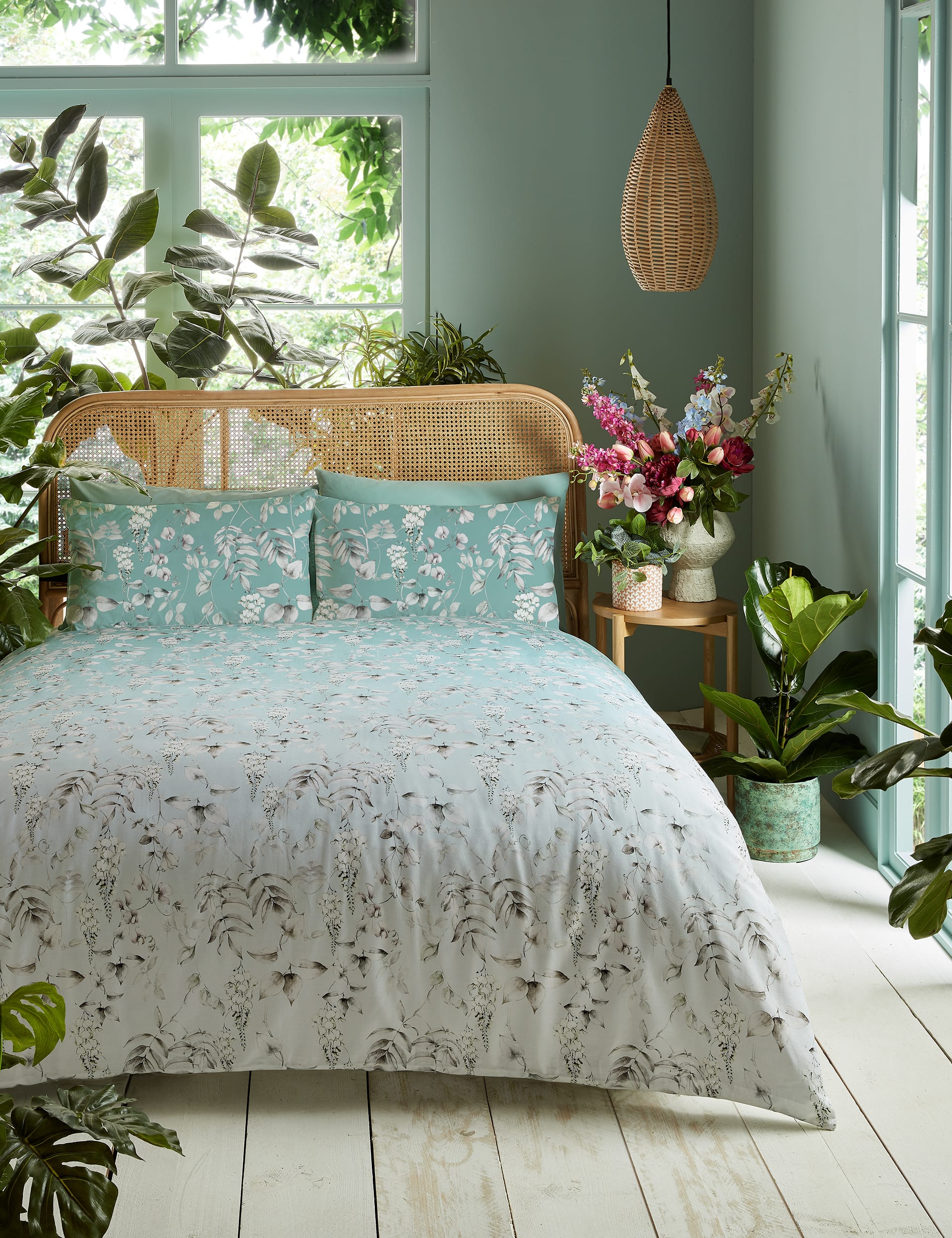 Graham & Brown Pure Cotton Ethereal Floral Bedding Set - 5FT - Light Blue, Light Blue