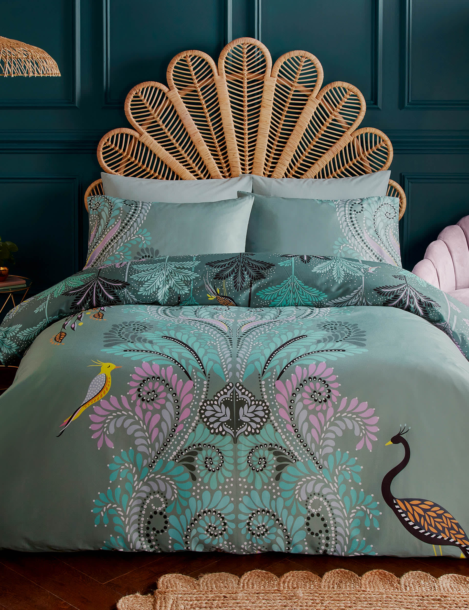 Sara Miller Pure Cotton Sateen Peacock Filigree Bedding Set - DBL - Dark Sage, Dark Sage