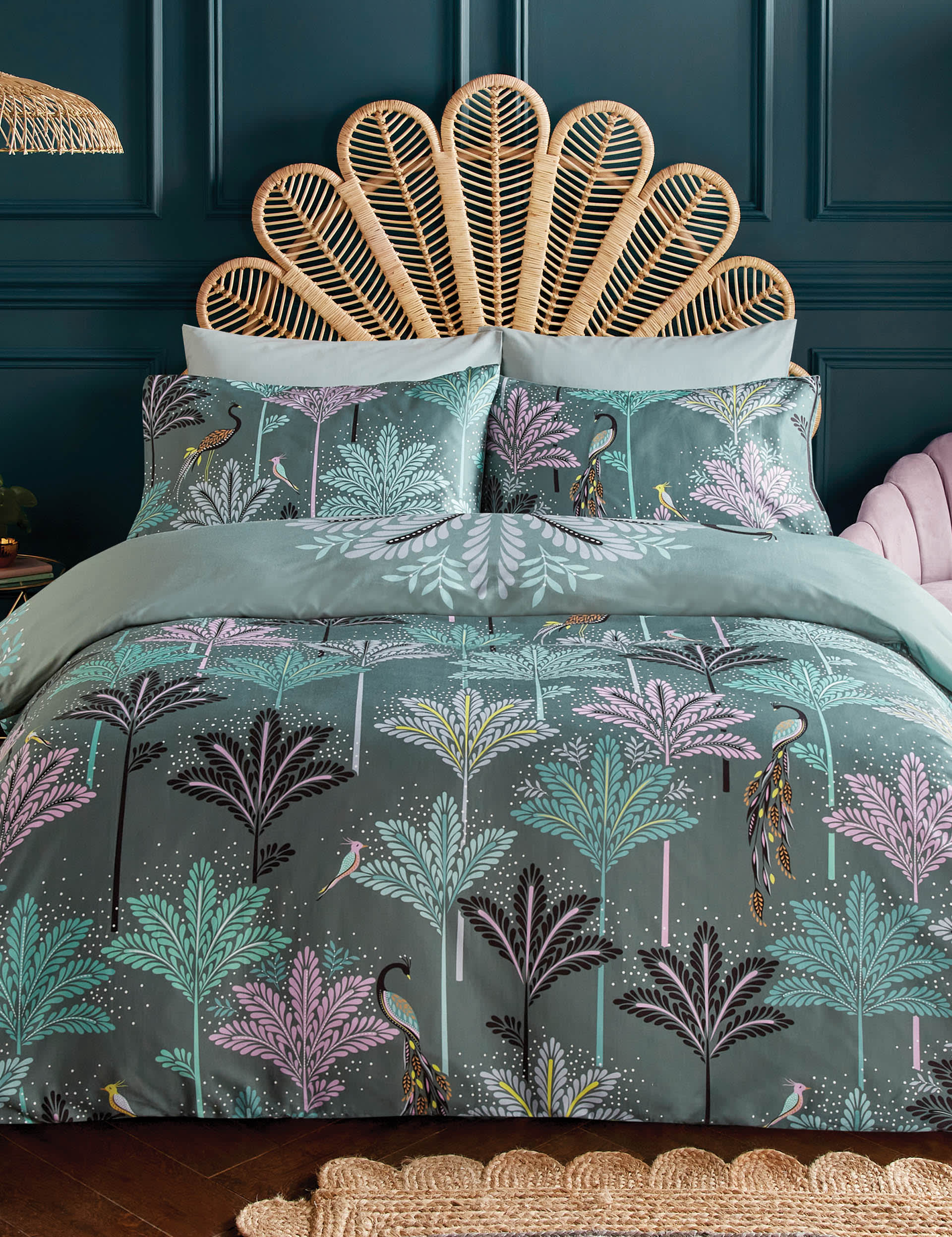 Sara Miller Pure Cotton Sateen Peacock Filigree Bedding Set - SGL - Dark Sage, Dark Sage