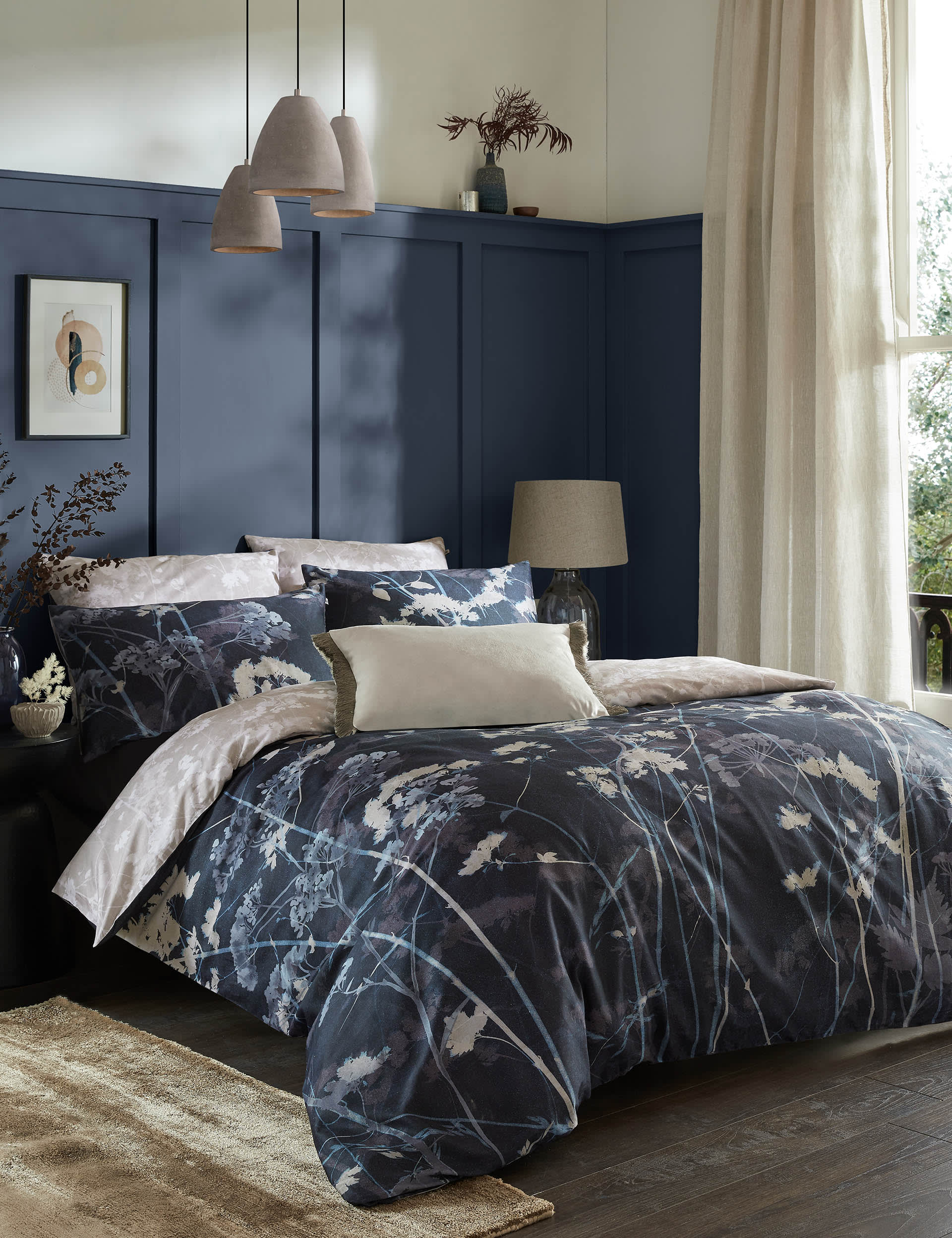 Graham & Brown Pure Cotton Flower Press Bedding Set - 6FT - Indigo, Indigo