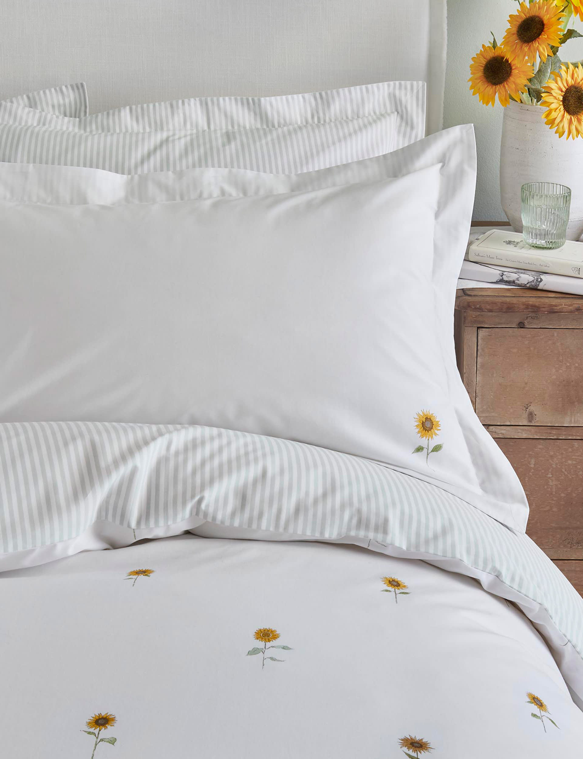 Sophie Allport Pure Cotton Percale Sunflower Bedding Set - 6FT - White, White