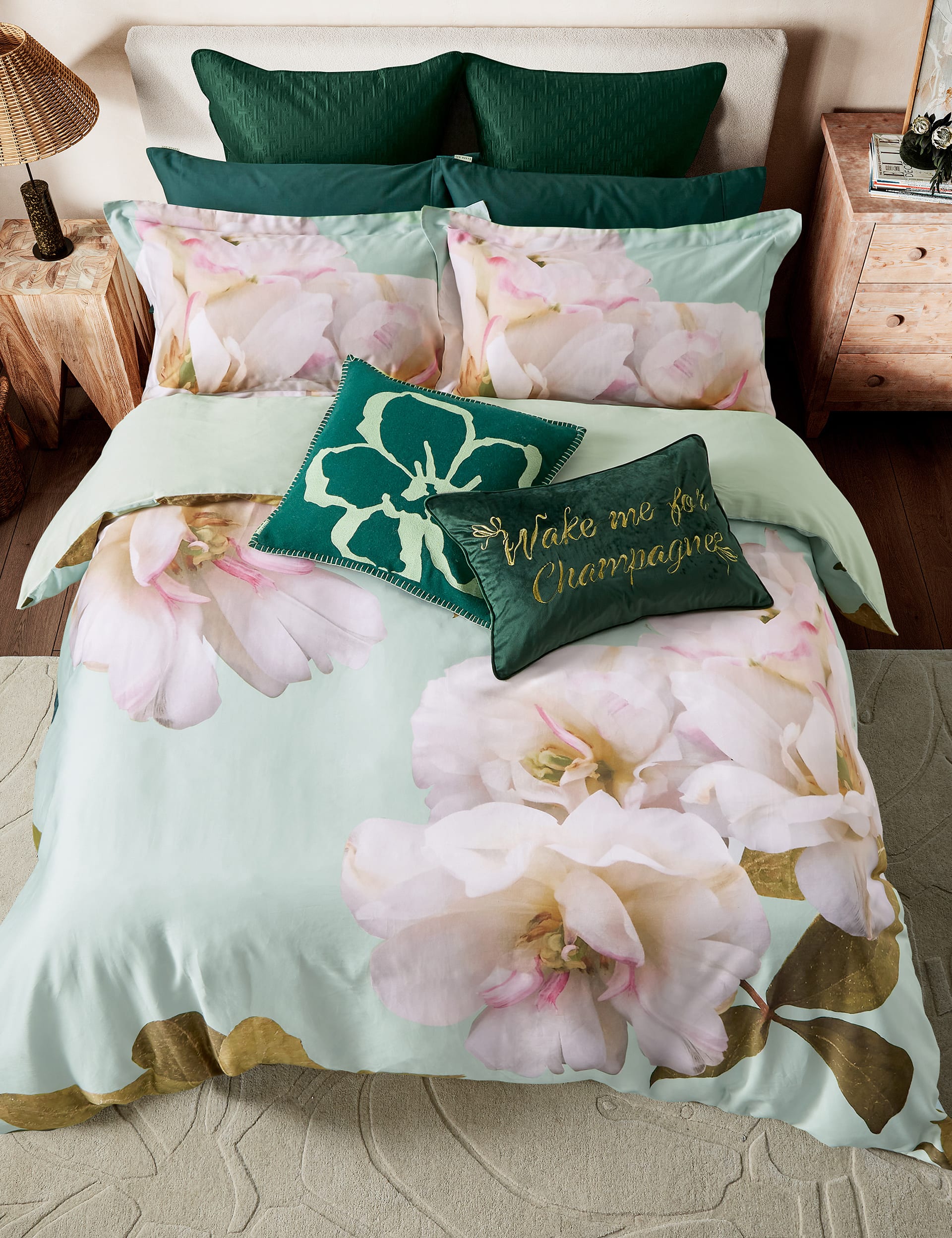 Ted Baker Sateen Gardenia Floral Bedding Set - 6FT - Mint, Mint