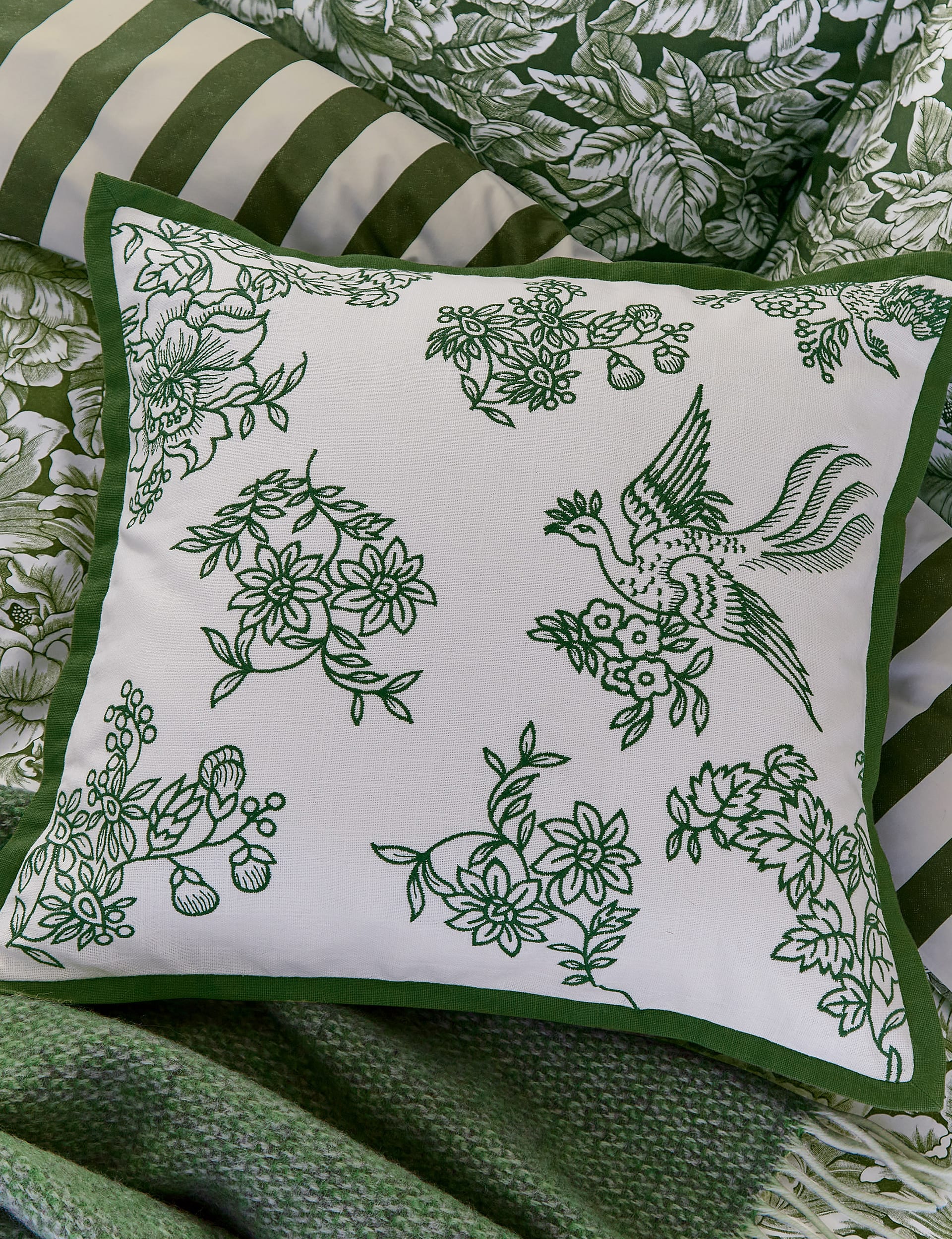 Burleigh X Bedeck Of Belfast Pure Cotton Hibiscus Embroidered Cushion - Green Mix, Green Mix