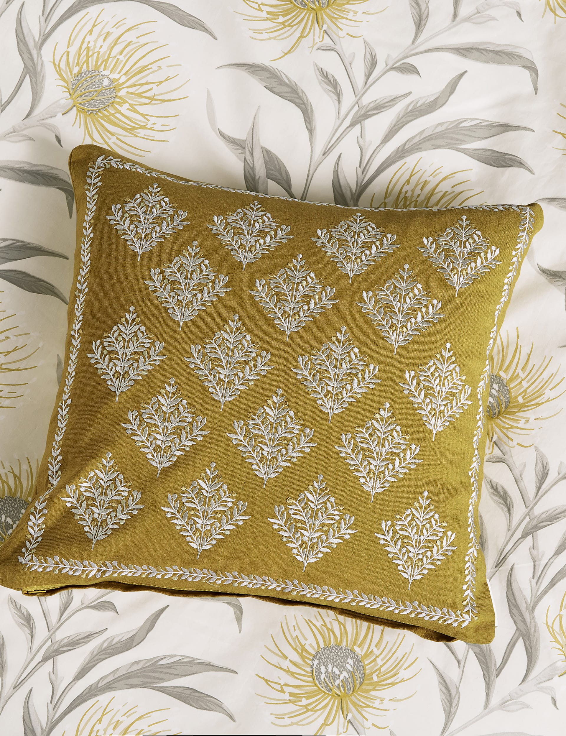 Sanderson Linen Blend Catherinae Embroidered Cushion - Gold, Gold