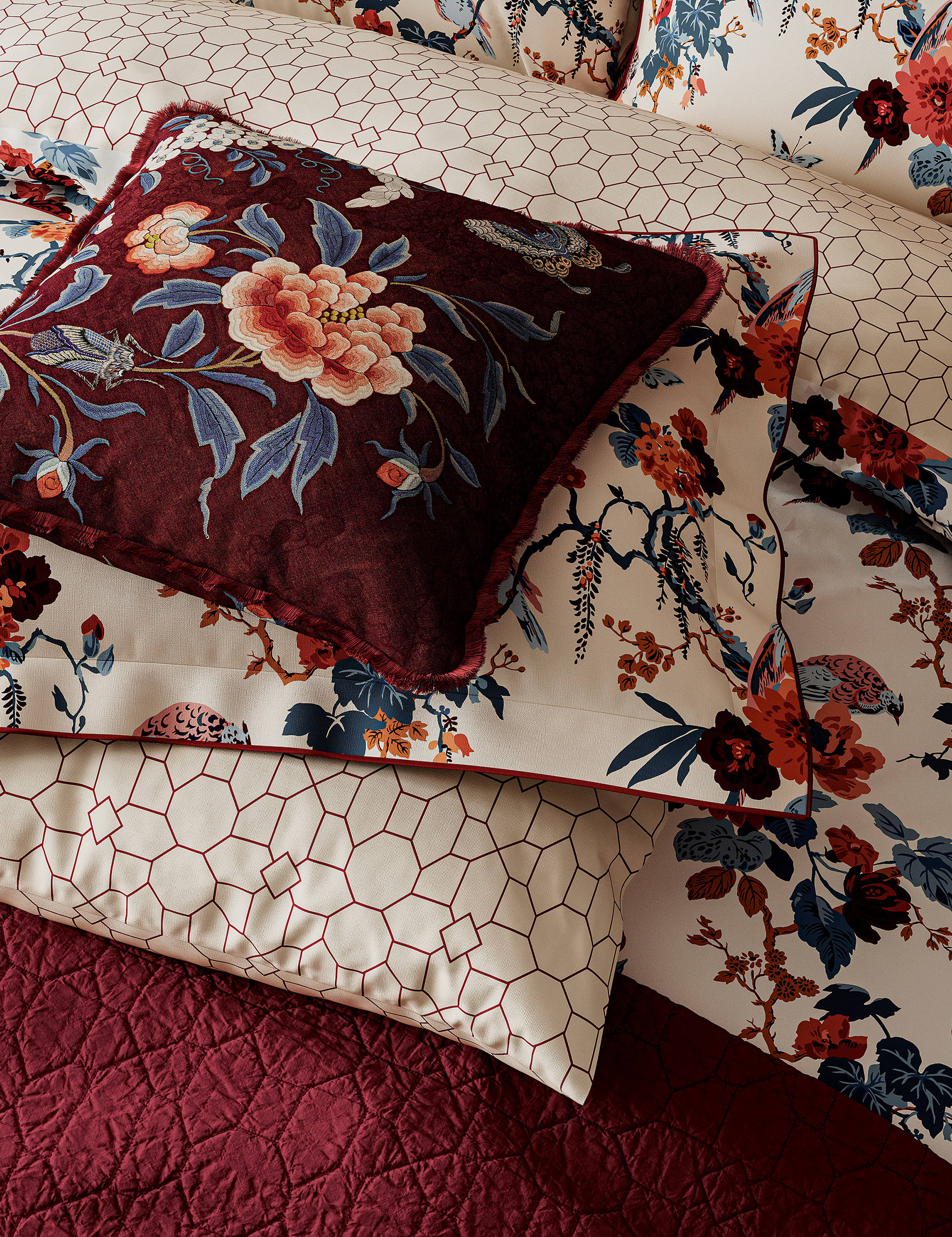 V&A Pure Cotton Chinoiserie Charm Cushion - Red Mix, Red Mix