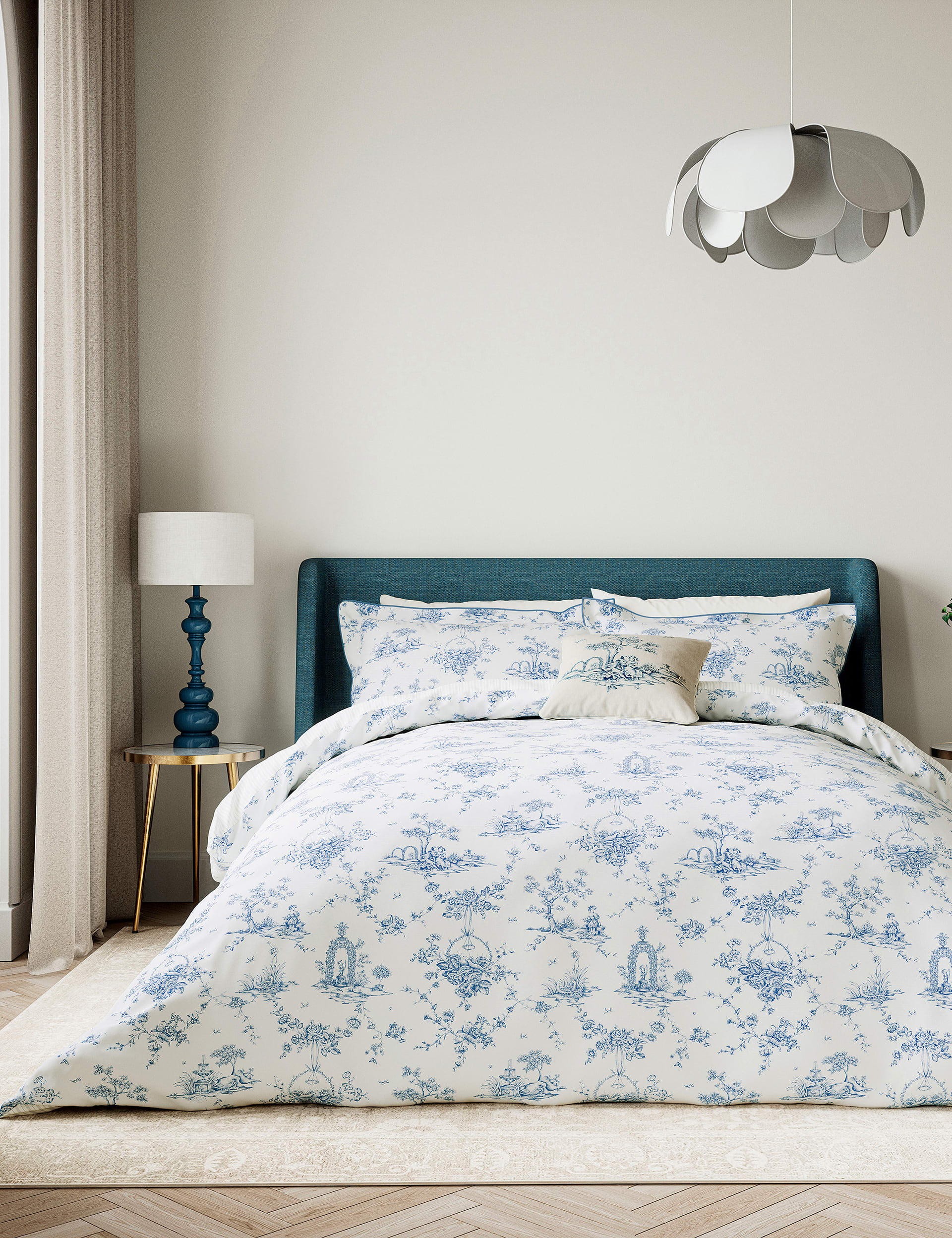 V&A Pure Cotton Garden of Love Bedding Set - SGL - Blue, Blue