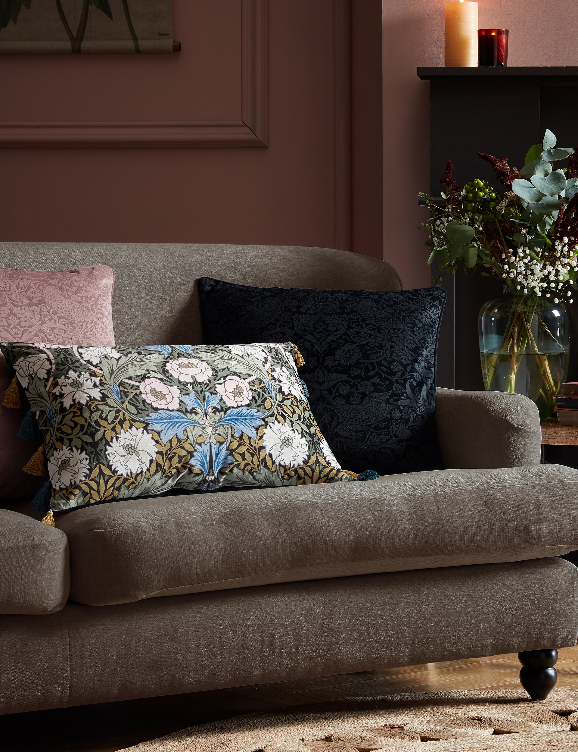 William Morris At Home Velvet Strawberry Thief Cushion - Navy, Seafoam,Charcoal,Navy