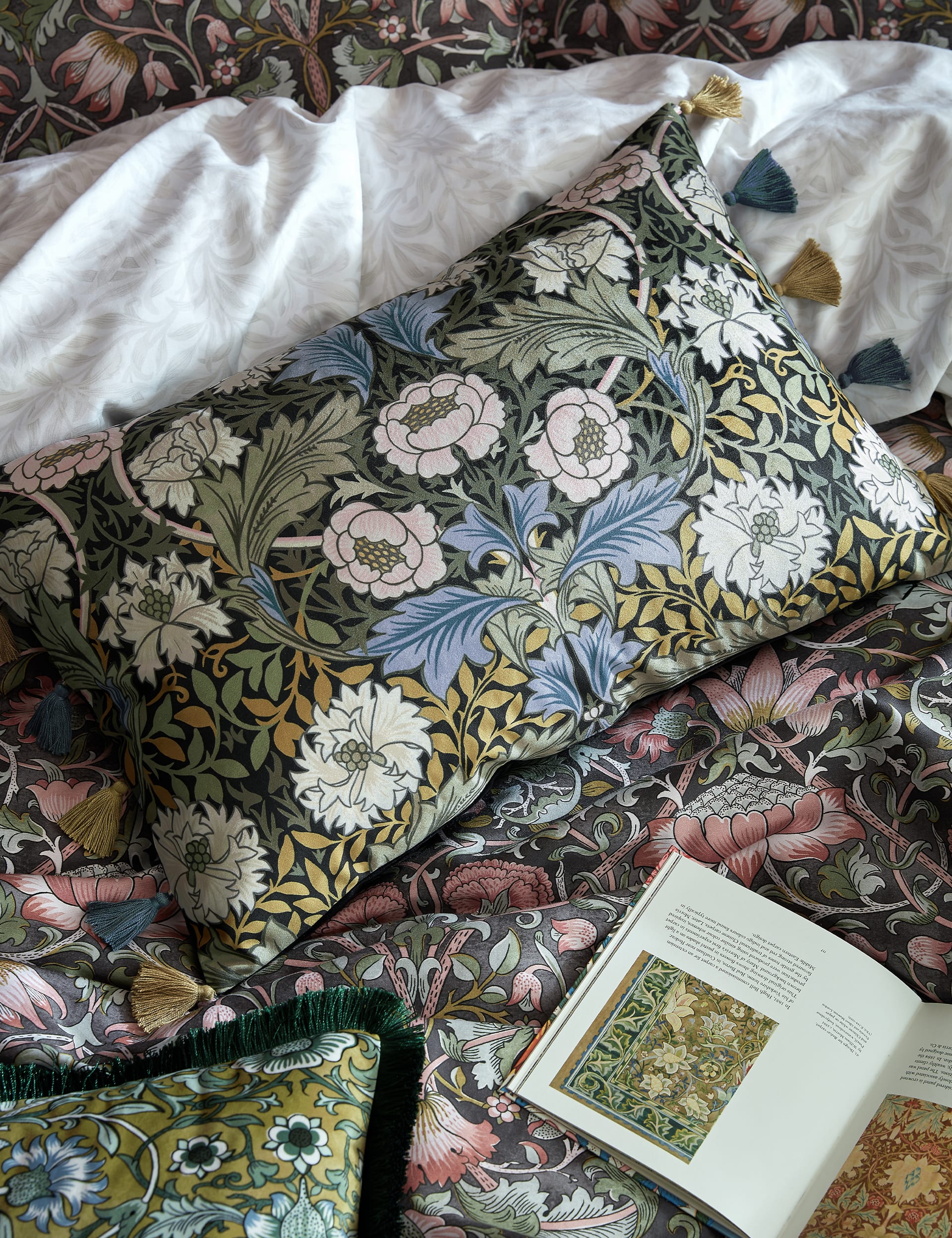 William Morris At Home Velvet Myrtle Tassled Bolster Cushion - Midnight, Midnight