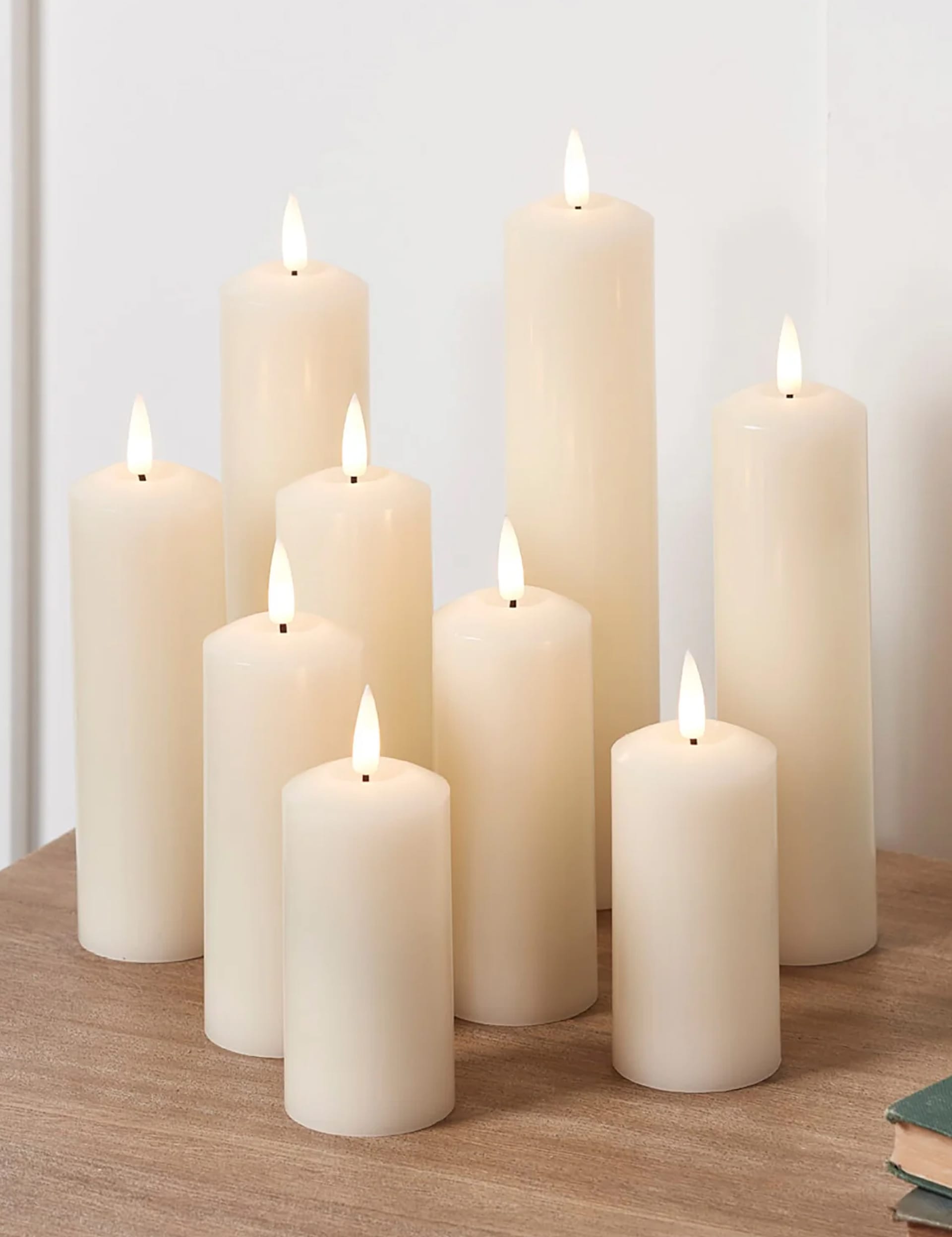 Lights4Fun Set of 9 TruGlow Slim Pillar LED Candles - Ivory, Ivory