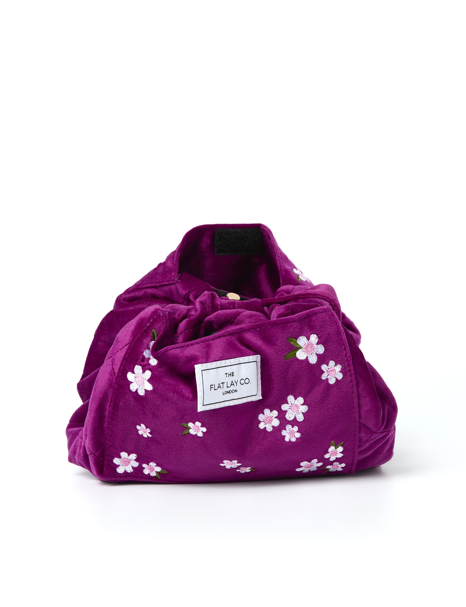 The Flat Lay Co. Women's Drawstring Makeup Bag in Embroidered Daisy Plum Velvet