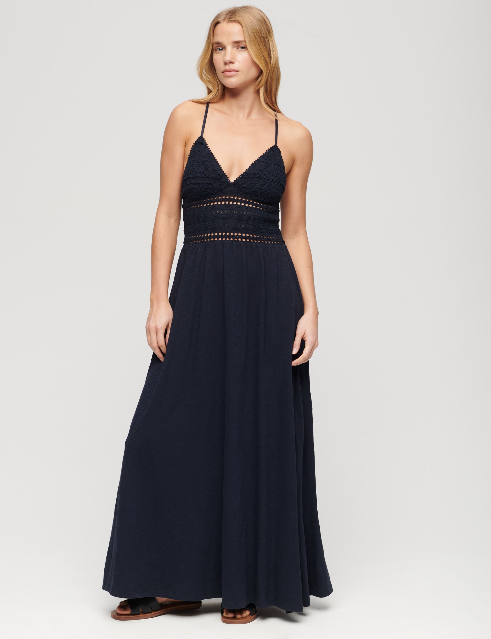 Superdry Women's Jersey Lace V-Neck Maxi Waisted Dress - 10 - Navy, Navy