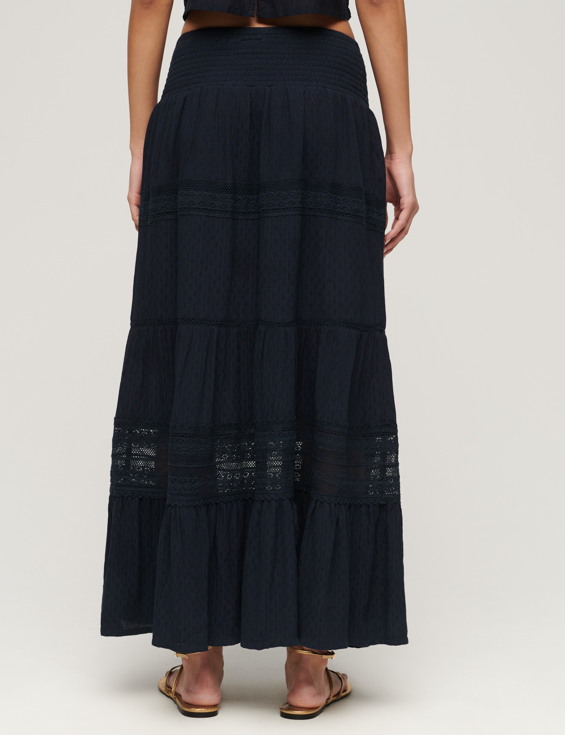 Superdry Women's Textured Lace Detail Maxi Tiered Skirt - 10 - Navy, Navy,White