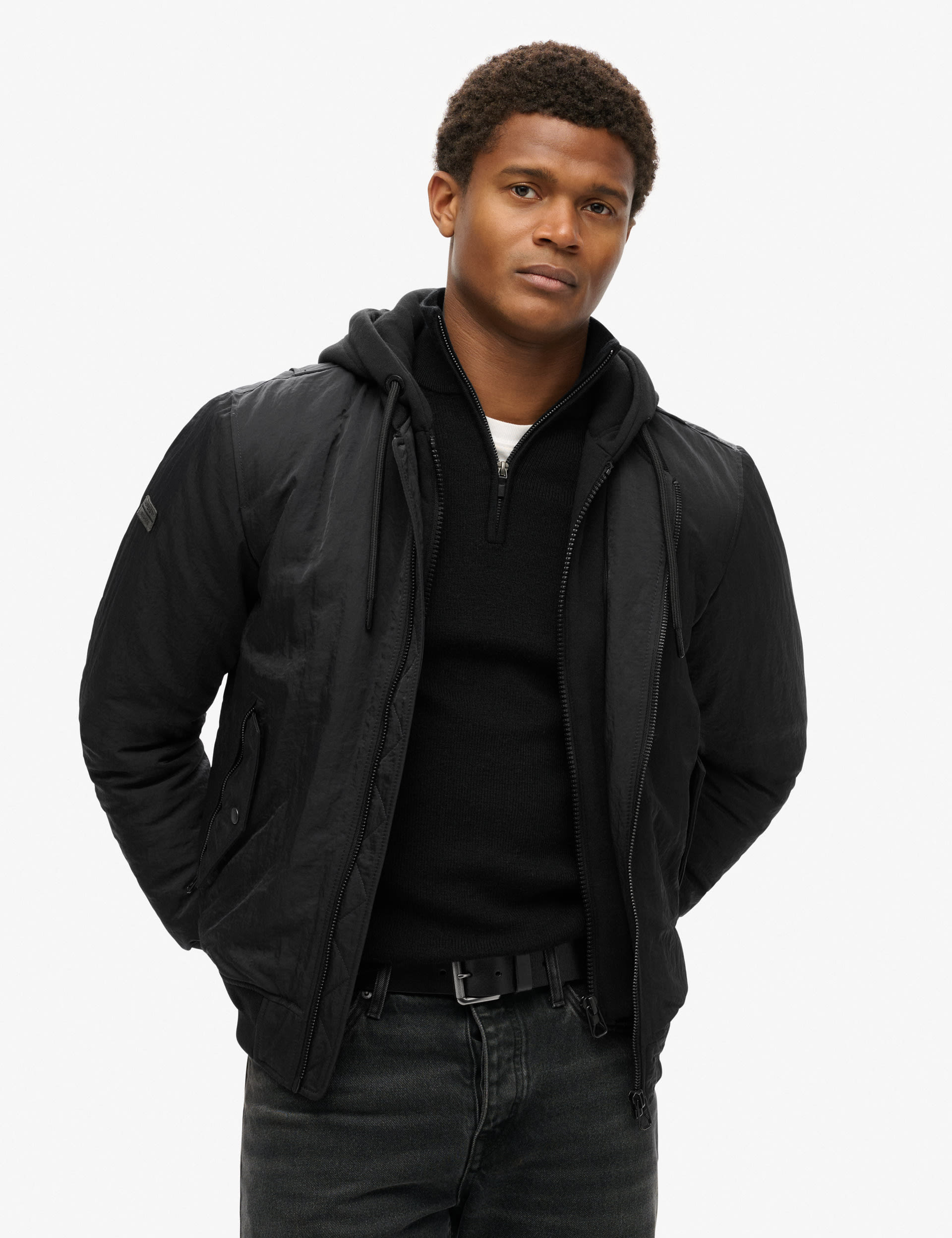 Superdry Men's Hooded Bomber Jacket - L - Black, Black