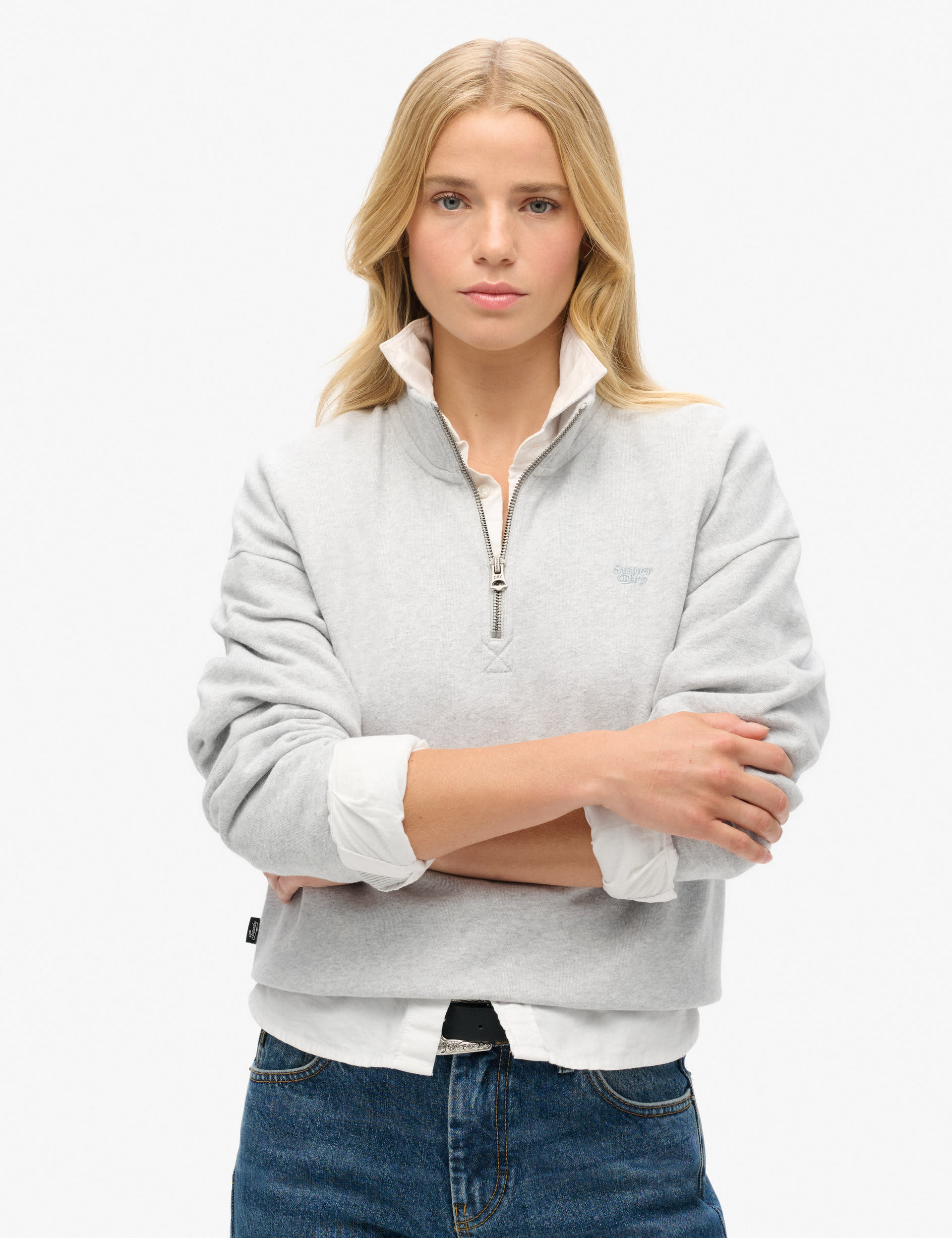 Superdry Women's Pure Cotton Half Zip Sweatshirt - 12 - Light Grey, Light Grey,Navy