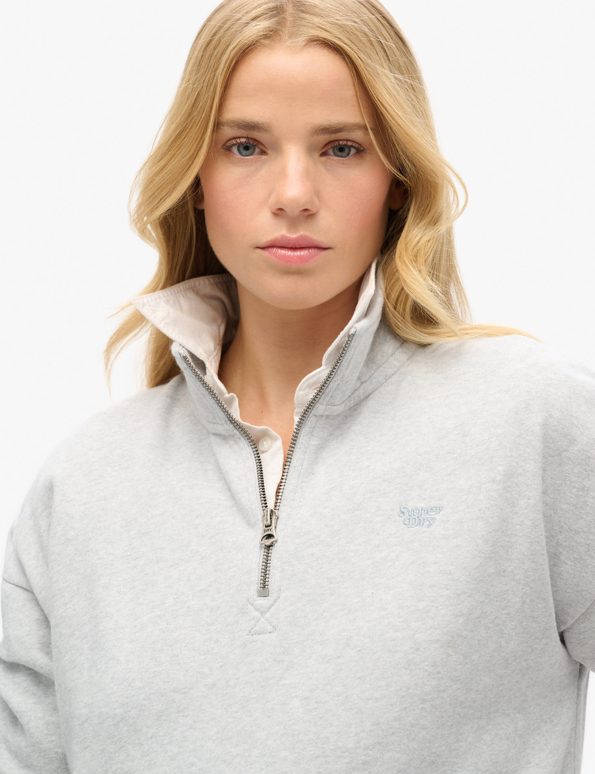 Superdry Women's Pure Cotton Half Zip Sweatshirt - 12 - Light Grey, Light Grey,Navy