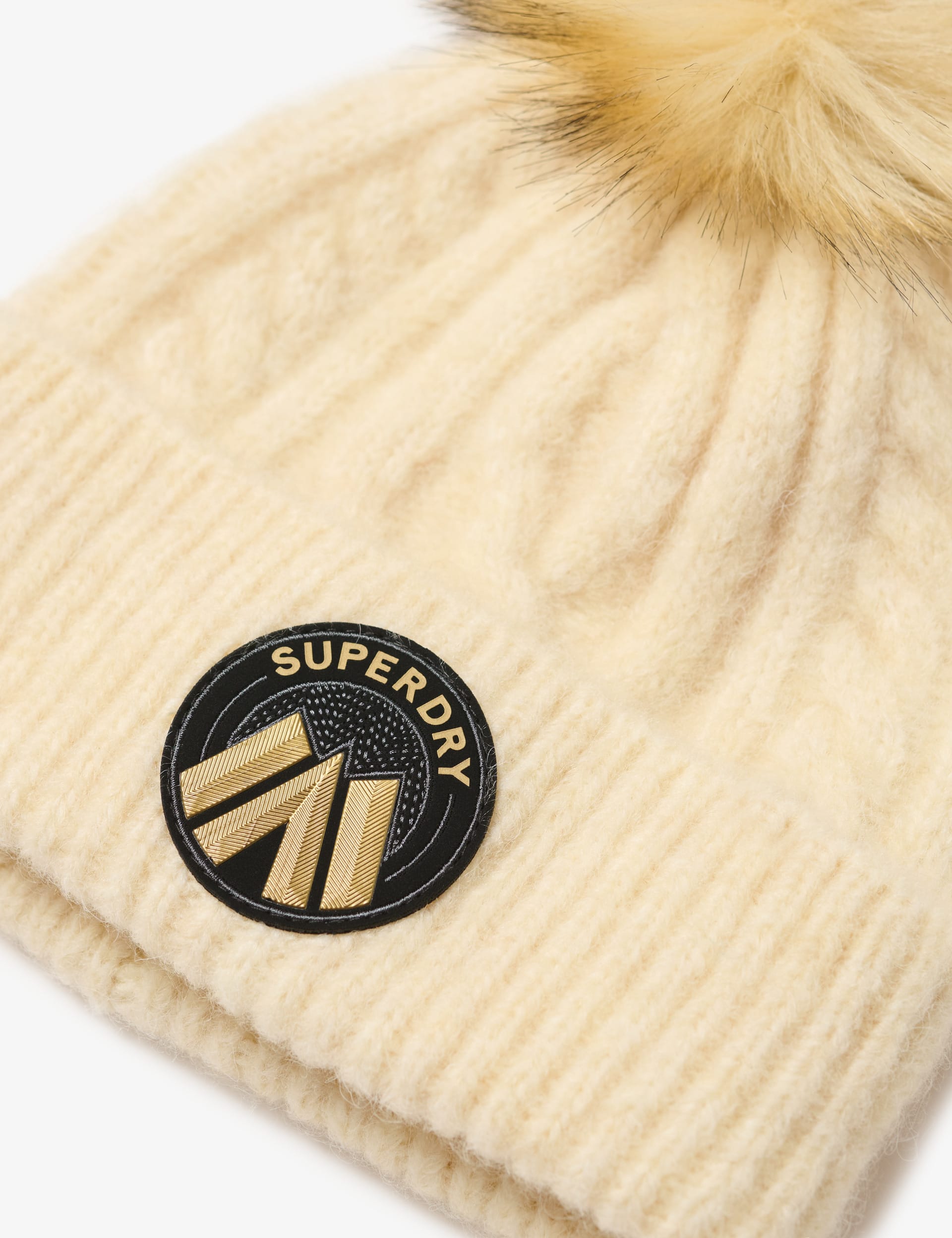 Superdry Women's Cable Knit Pom Pom Beanie Hat with Wool - Beige, Beige,Pink