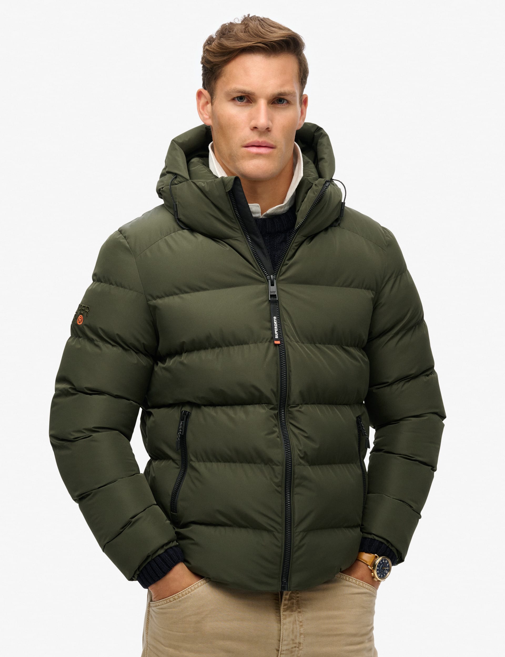 Superdry Men's Hooded Puffer Jacket - S - Khaki, Beige,Khaki