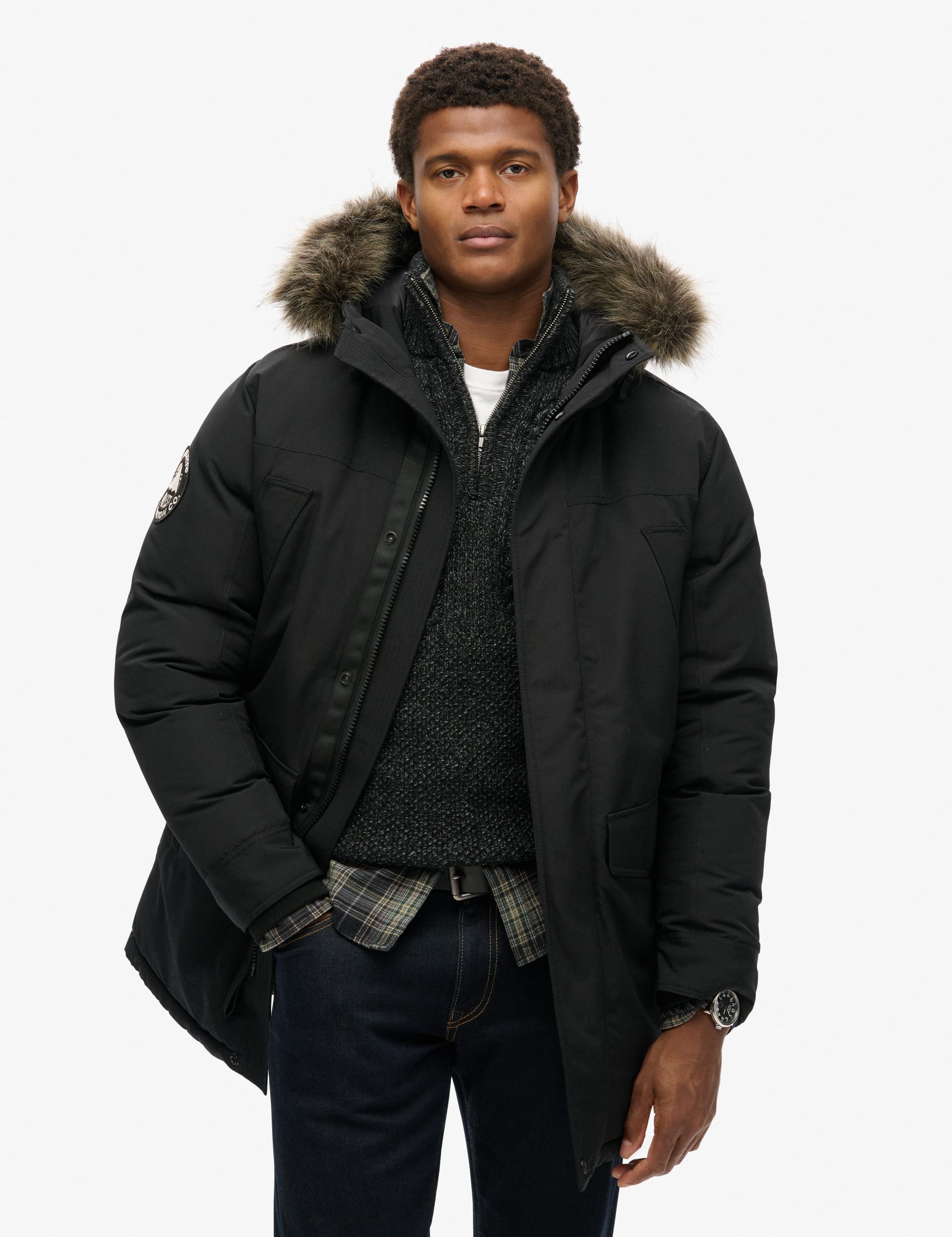 Superdry Men's Hooded Padded Parka Jacket - L - Black, Black,Navy