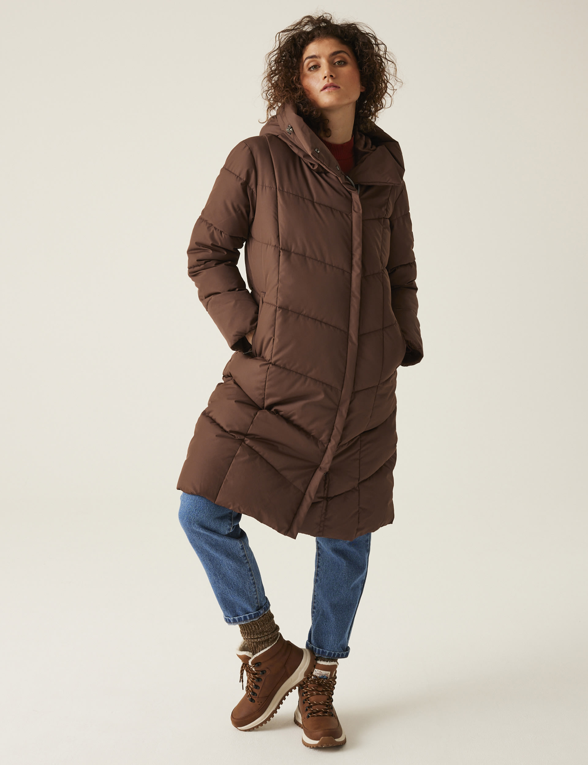 Regatta Women's Nurie Hooded Quilted Padded Longline Coat - 14 - Brown, Brown,Black