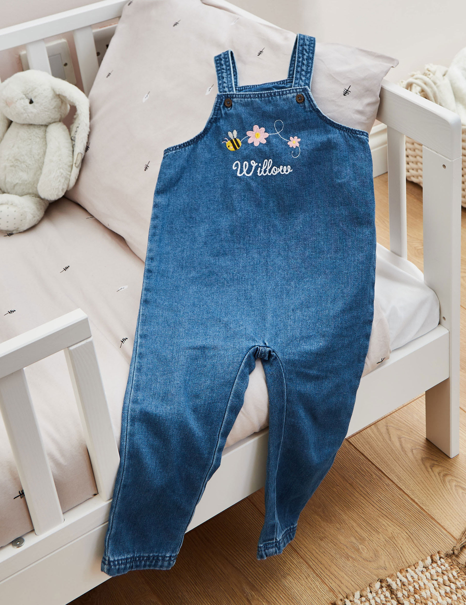 My 1St Years Girls Personalised Bumblebee Denim Dungarees (6 Mths-4 Yrs) - 6-12M, Denim