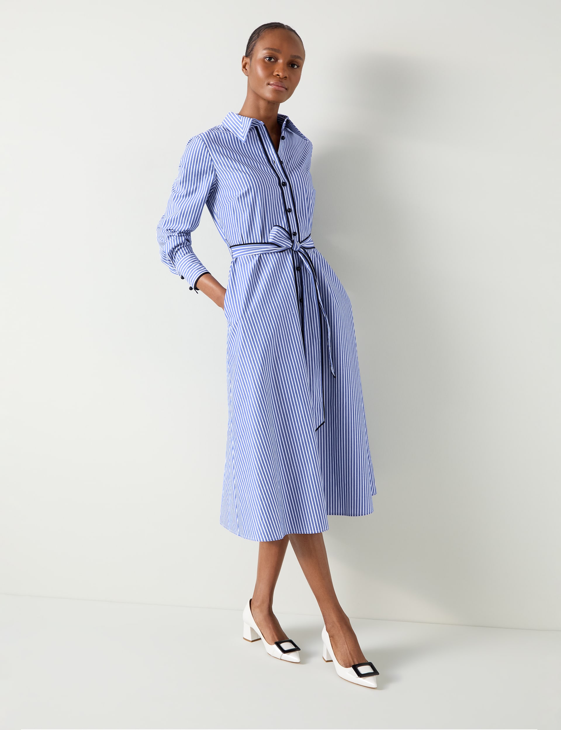 Lk Bennett Women's Pure Cotton Striped Midi Shirt Dress - 12 - Blue Mix, Blue Mix