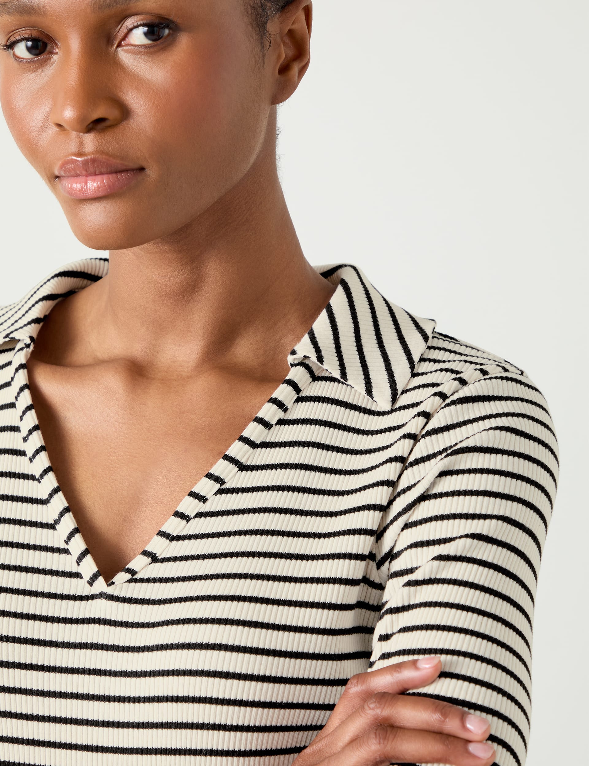 Lk Bennett Women's Cotton Rich Striped Ribbed V-Neck Top - XXL - Black Mix, Black Mix