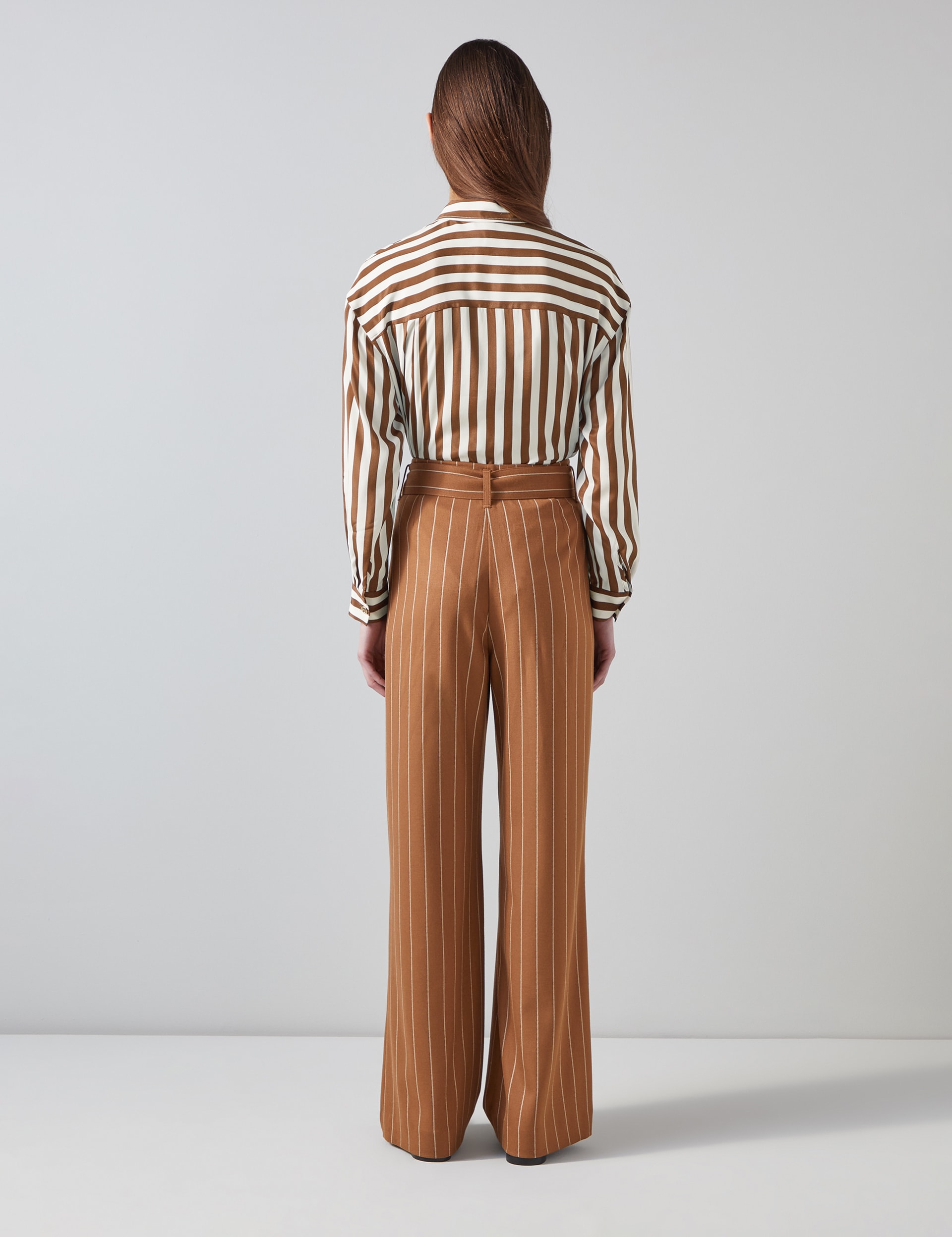 Lk Bennett Women's Striped Pleat Front Belted Wide Leg Trousers - 20 - Chocolate, Chocolate