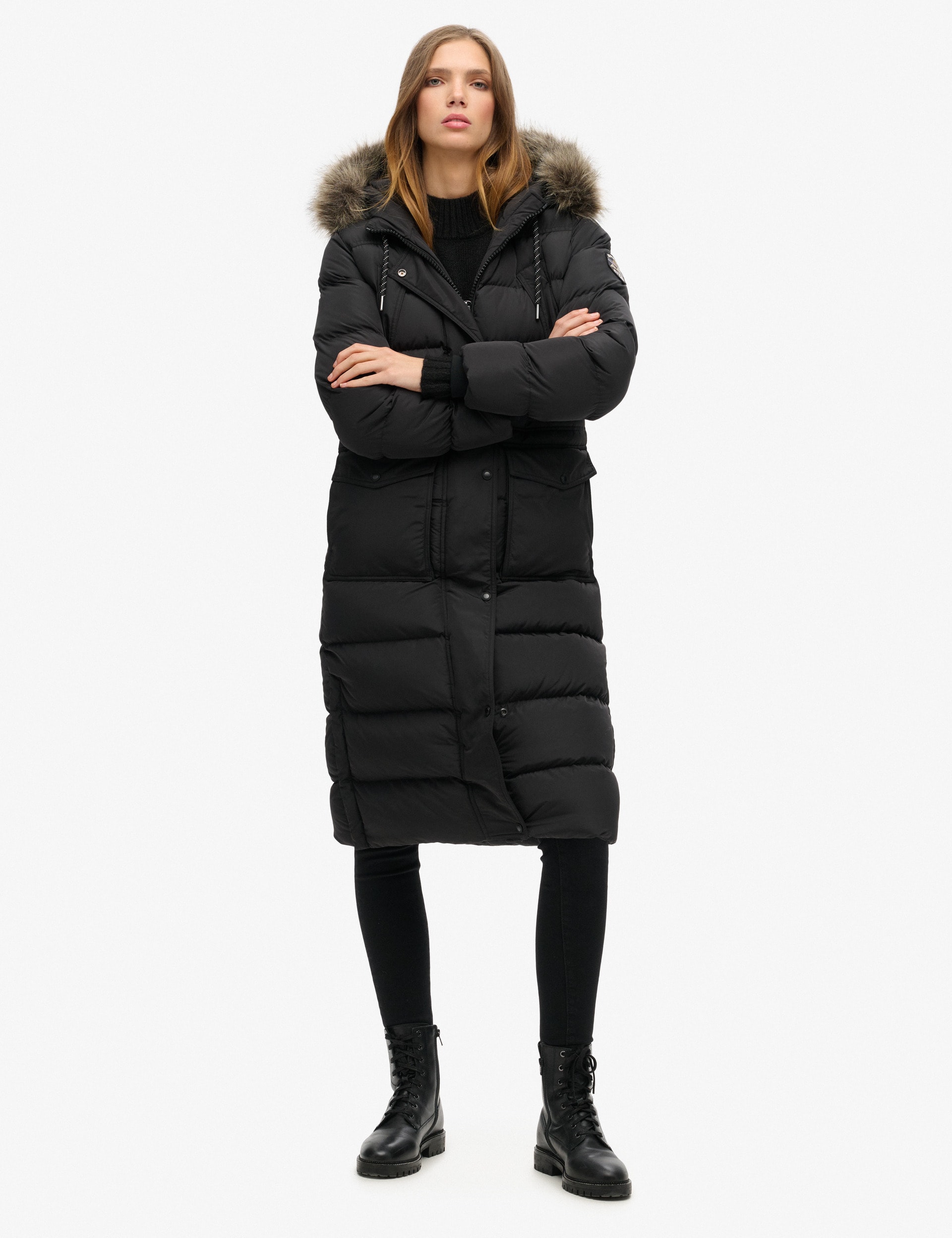 Superdry Women's Faux Fur Hooded Longline Coat - 10 - Black, Black,Khaki