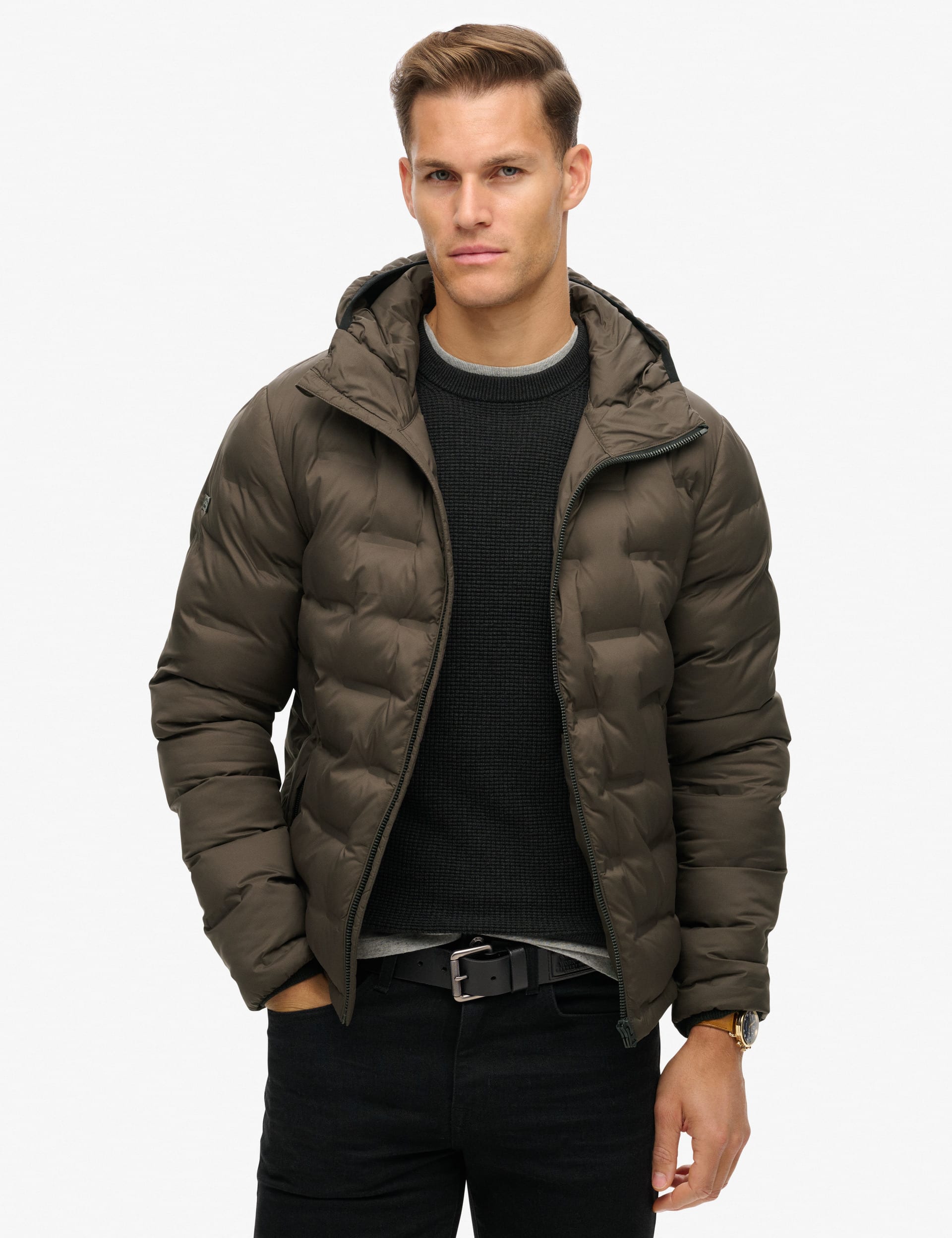 Superdry Men's Hooded Quilted Puffer Jacket - Brown, Brown