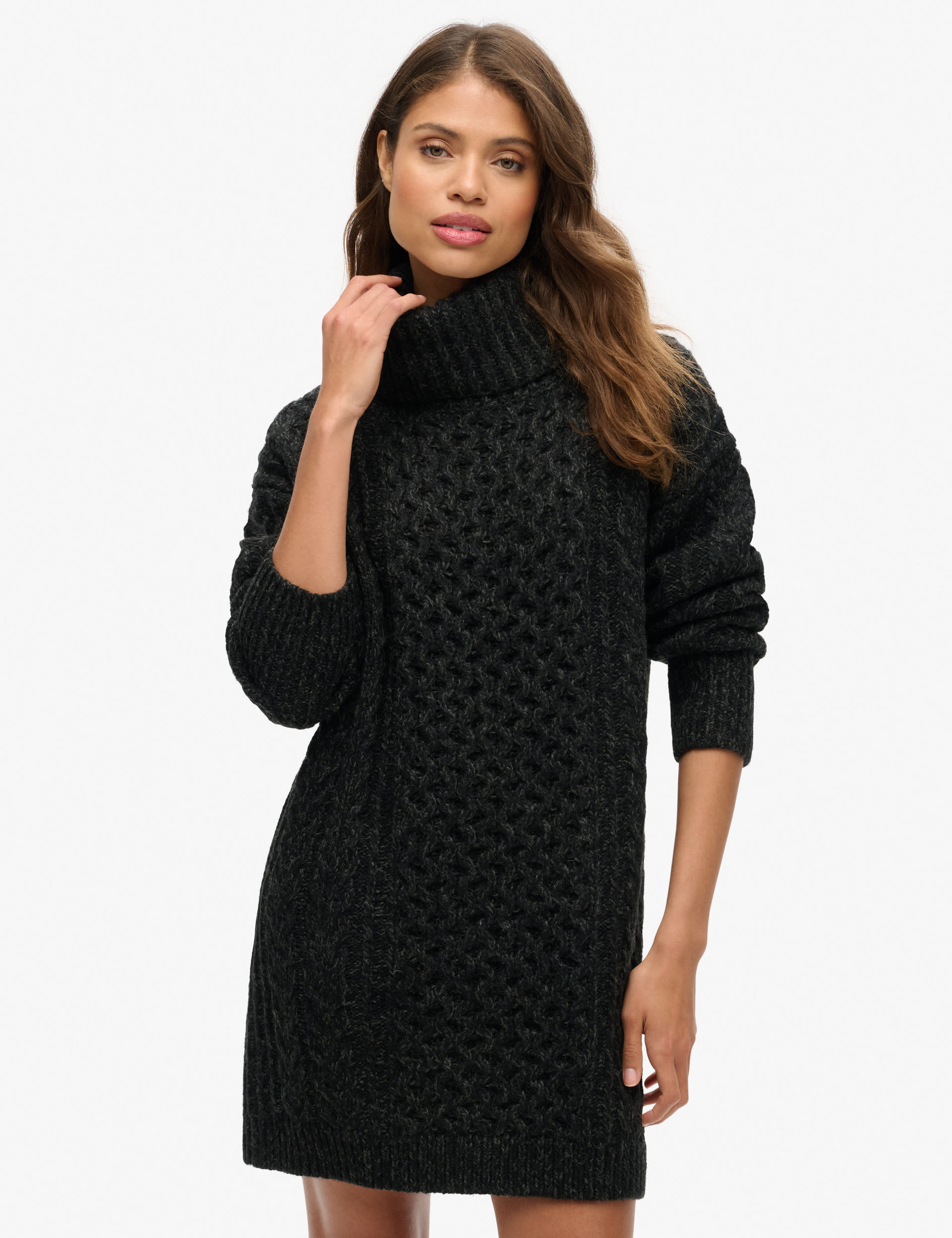 Superdry Women's Cable Knit Roll Neck Jumper Dress with Wool - 10 - Black, Brown,Black