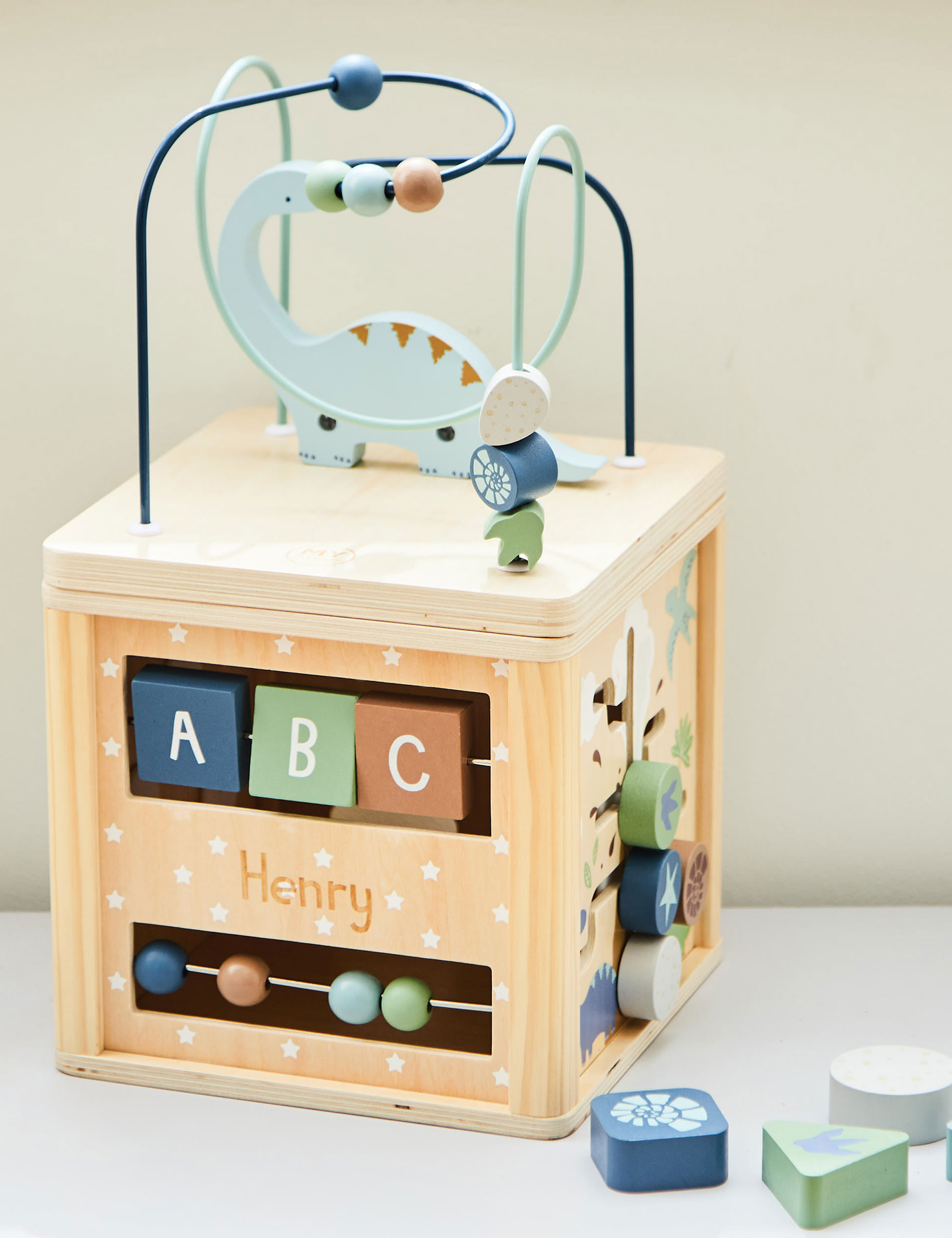 My 1St Years Personalised Wooden Dinosaur Activity Cube - Blue Mix, Blue Mix